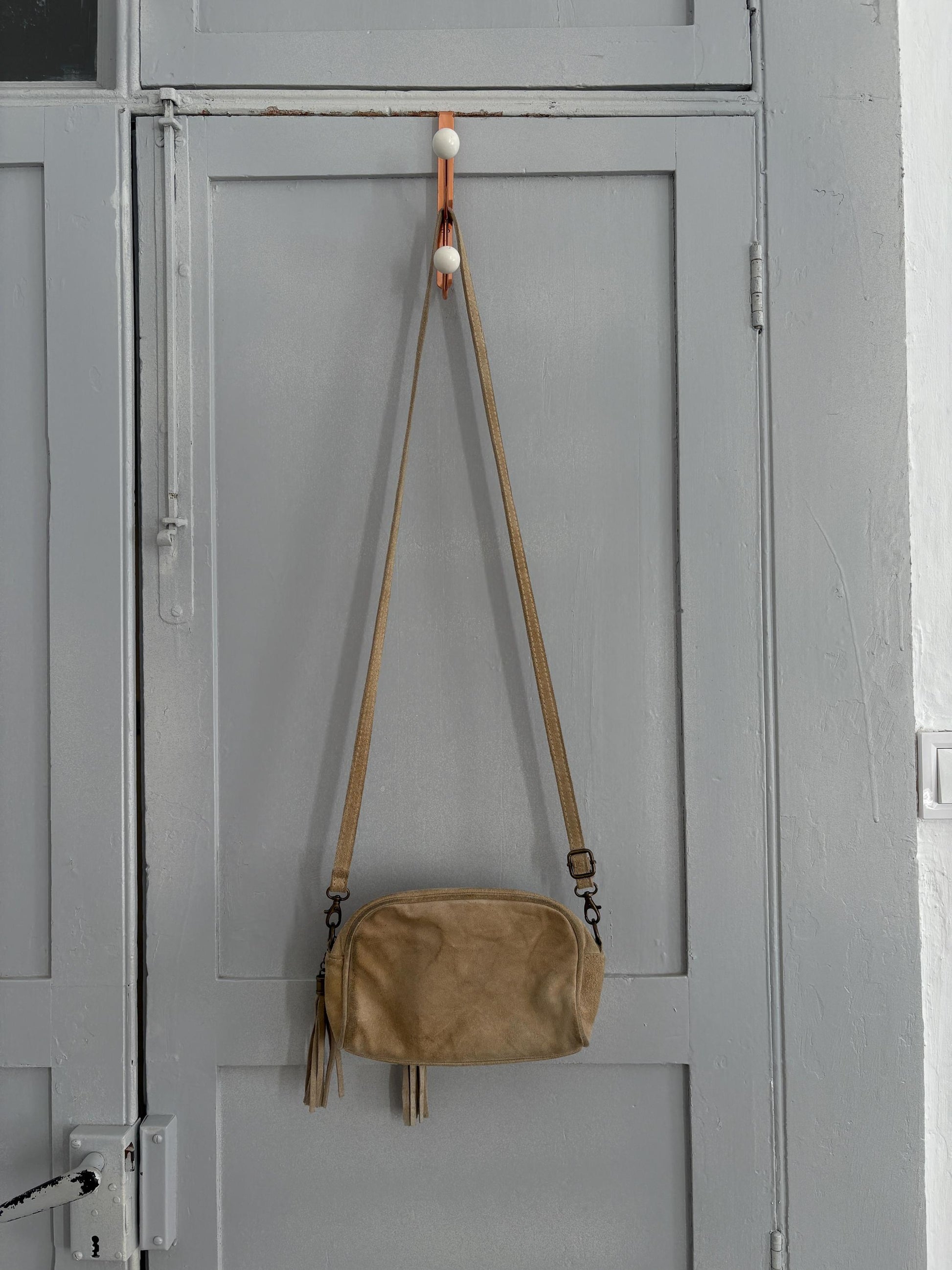 Natural earth beige suede leather small bag, Vintage genuine leather small tiny crossbody bag, Long strap shoulder Tassle Festival purse