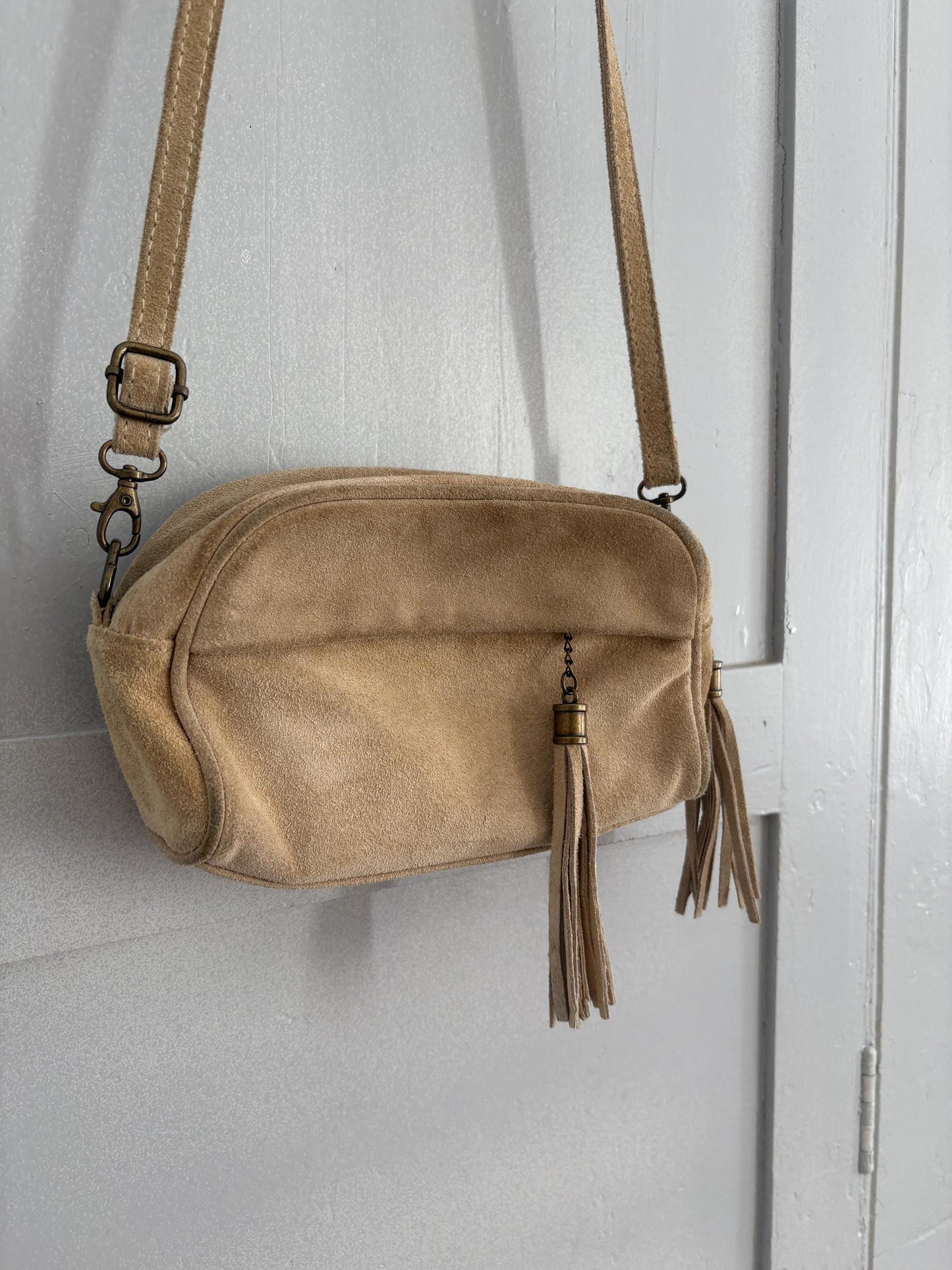 Vintage Italian Suede Leather Crossbody Bag with Tassels | Adjustable Strap
