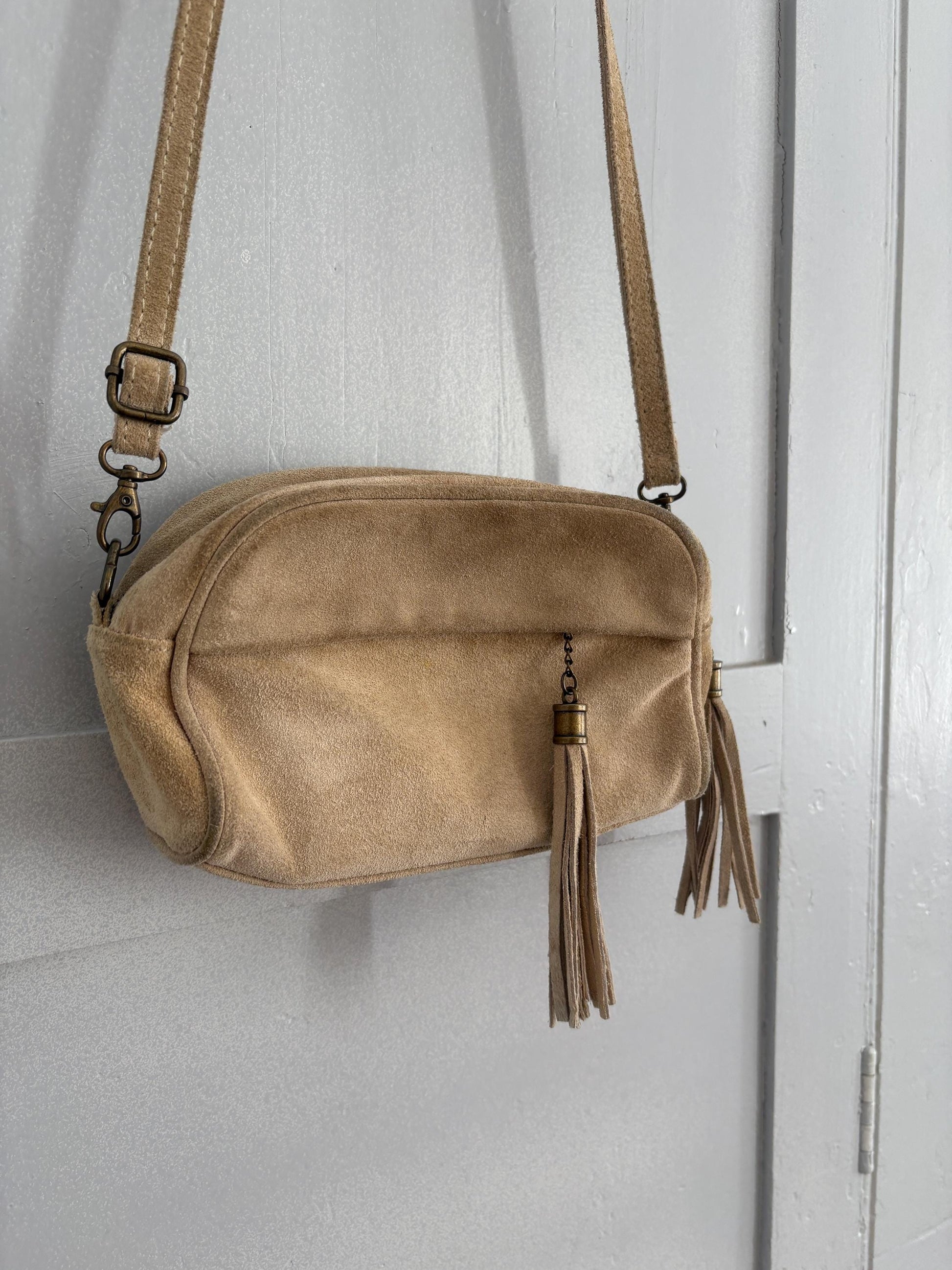 Vintage Italian Suede Leather Crossbody Bag with Tassels | Adjustable Strap