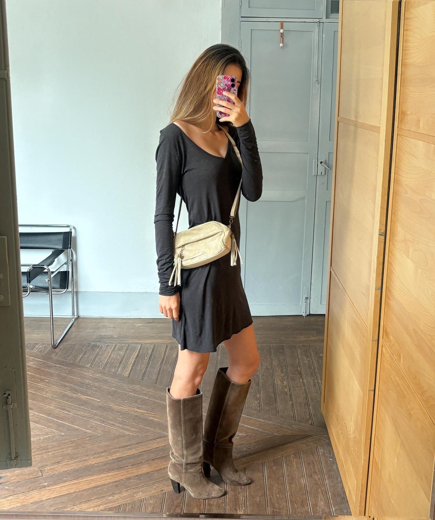 Natural earth beige suede leather small bag, Vintage genuine leather small tiny crossbody bag, Long strap shoulder Tassle Festival purse