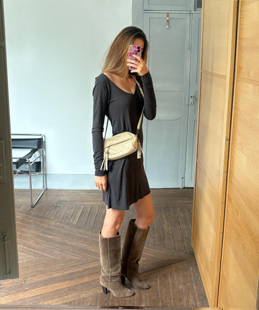 Natural earth beige suede leather small bag, Vintage genuine leather small tiny crossbody bag, Long strap shoulder Tassle Festival purse