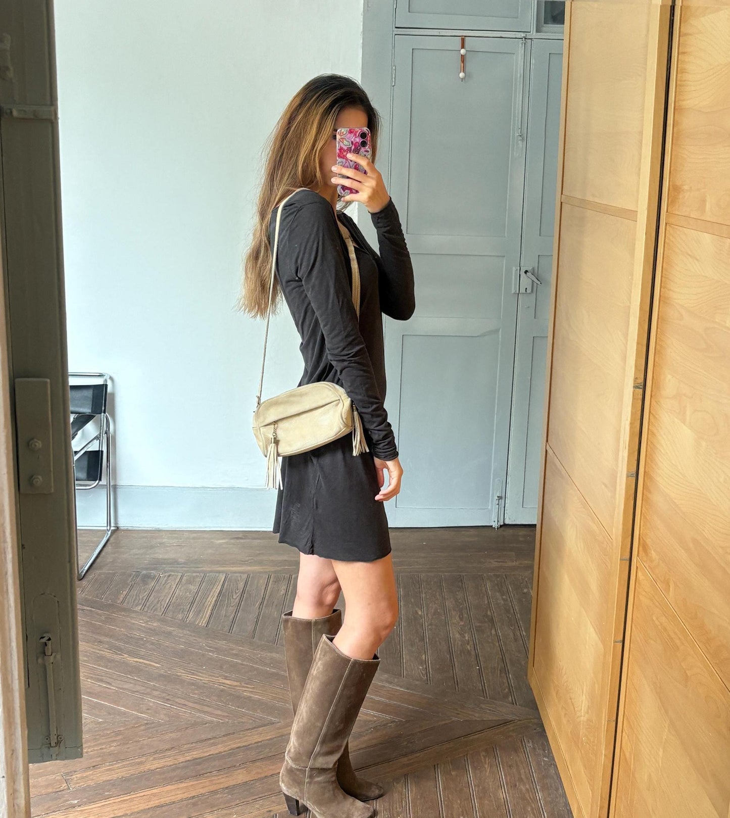 Natural earth beige suede leather small bag, Vintage genuine leather small tiny crossbody bag, Long strap shoulder Tassle Festival purse