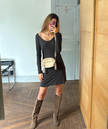 Vintage Italian Suede Crossbody Bag With Tassels — detail