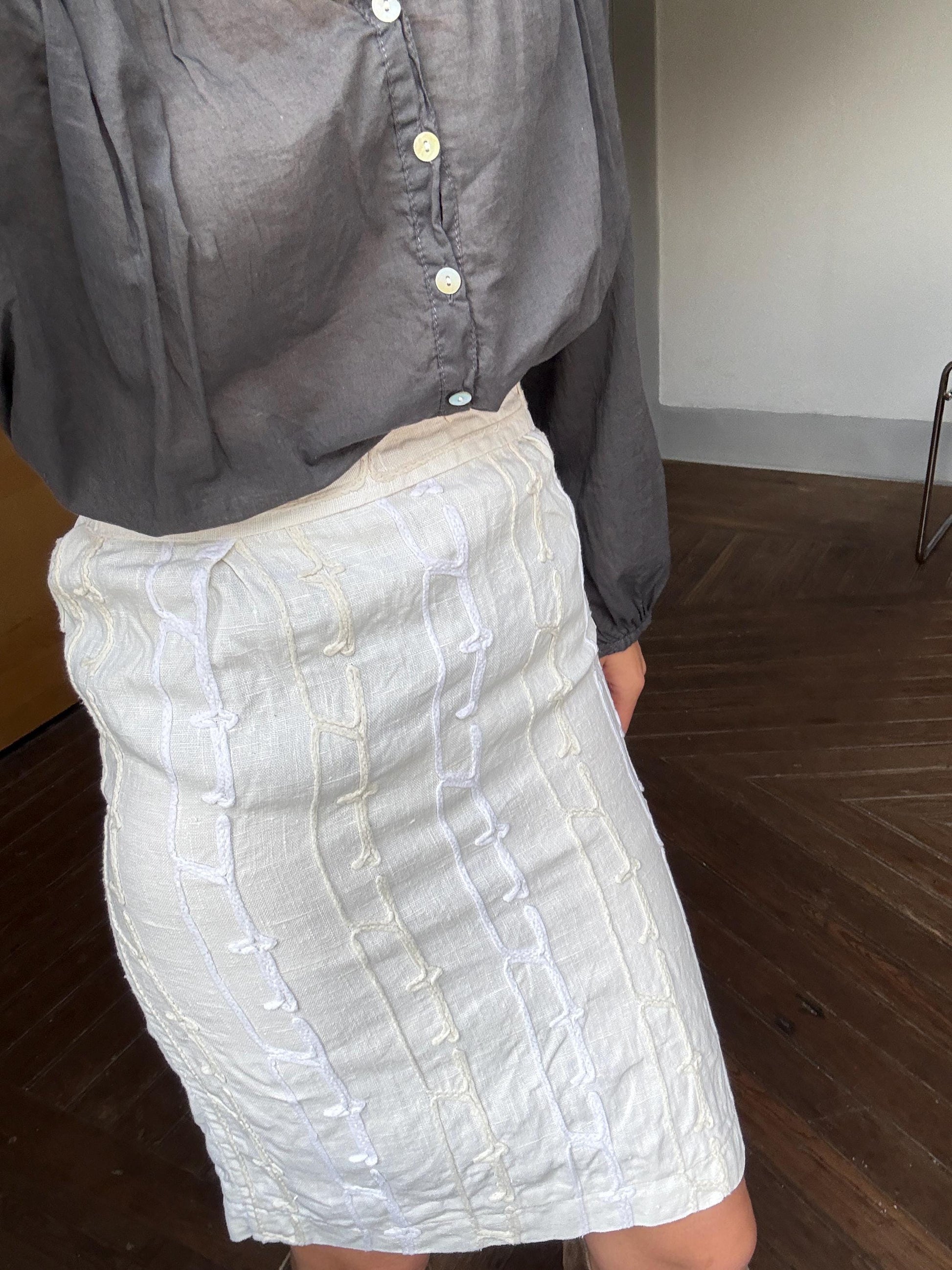 Vintage HANDMADE white textured pencil skirt, Apolyptic elegant woman clothing, High Waisted Midi Skirt, Unique design