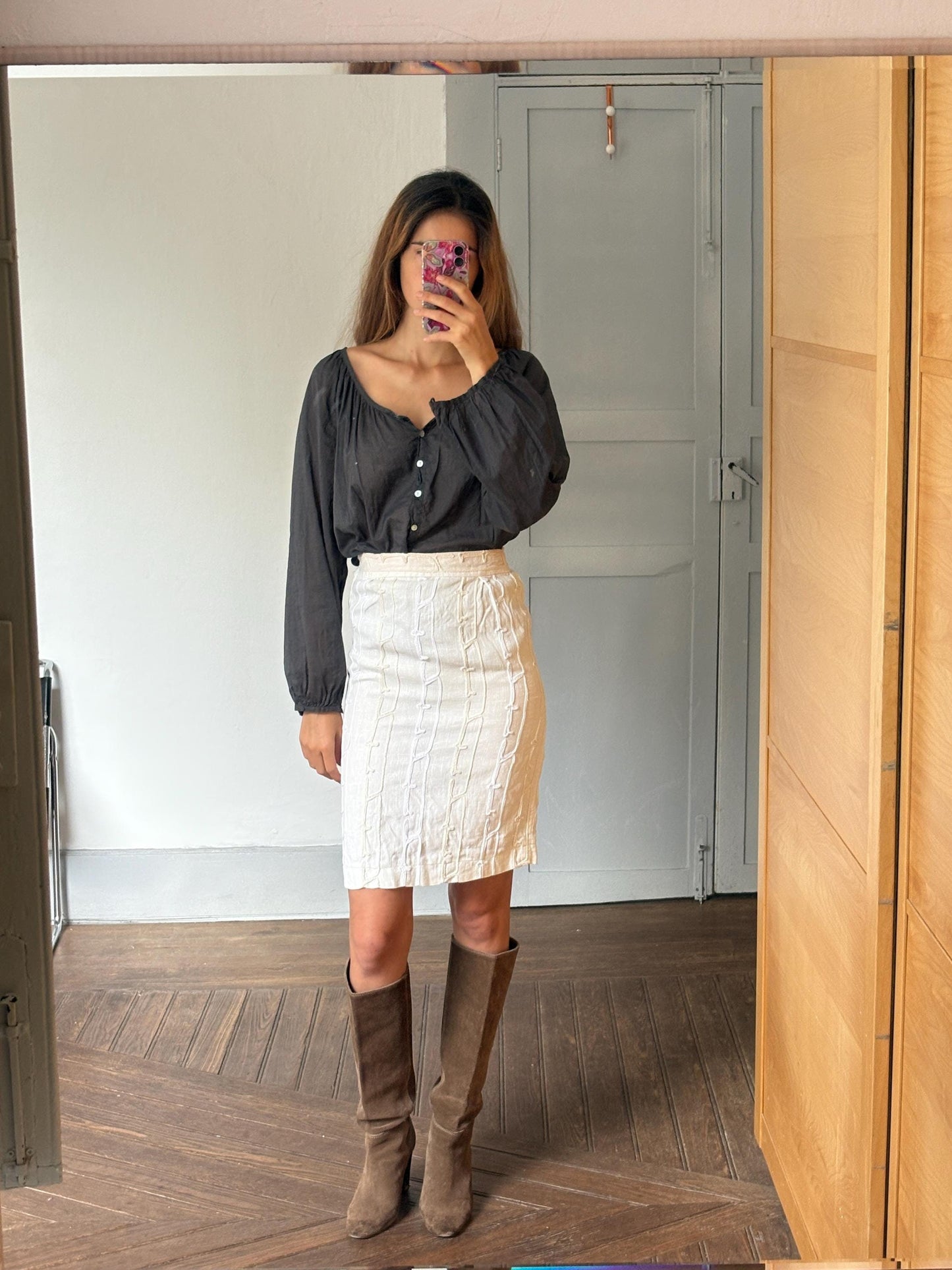 Vintage HANDMADE white textured pencil skirt, Apolyptic elegant woman clothing, High Waisted Midi Skirt, Unique design