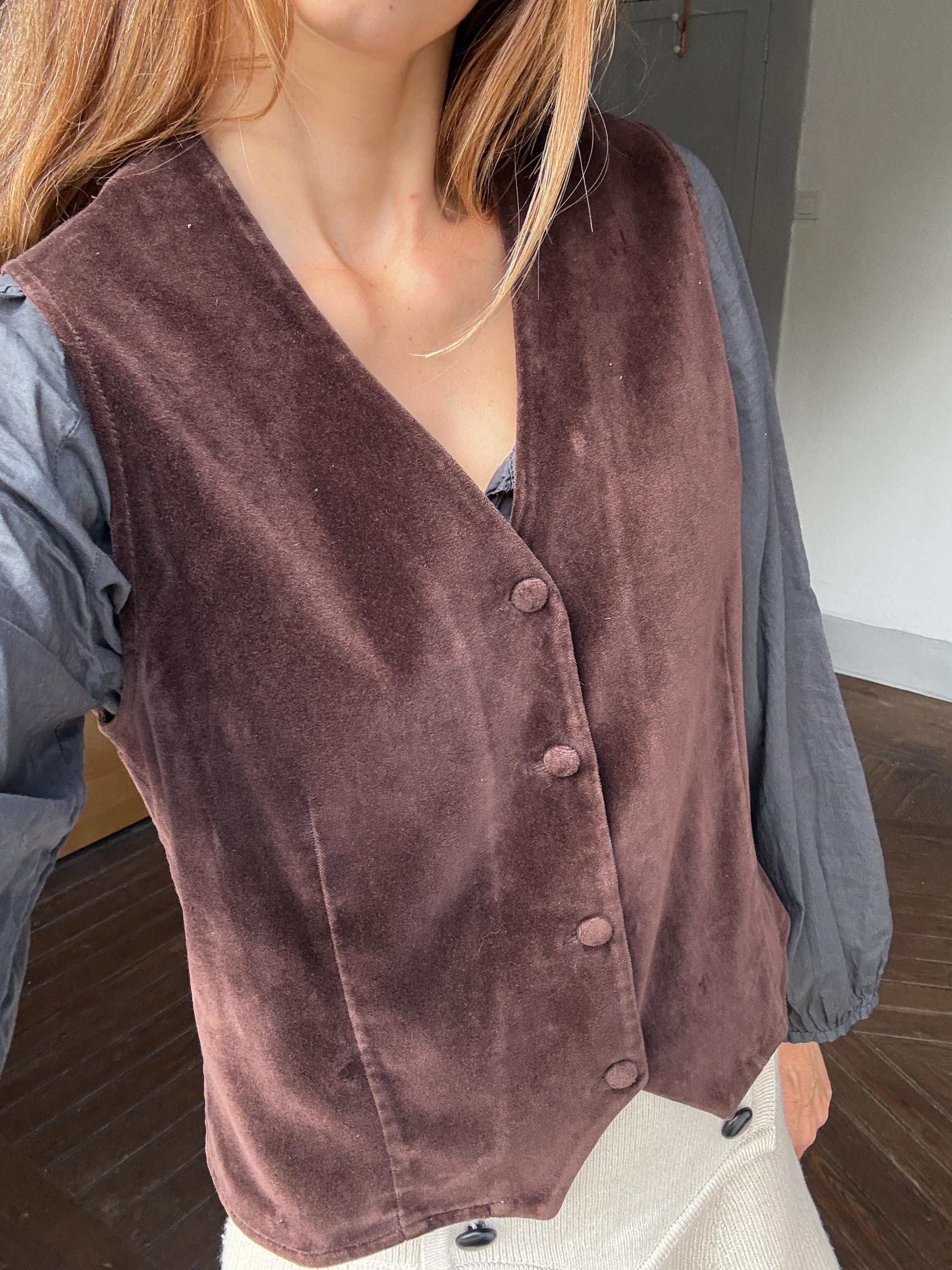 Vintage dark brown Velvet gilet, Sleeveless velour christmas vest, Vintage dark academia waistcoat, Smart professor clothing, M