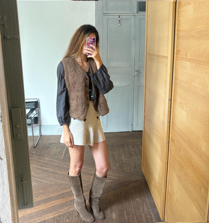 Vintage Brown Wool Waistcoat Gilet — fabric close-up