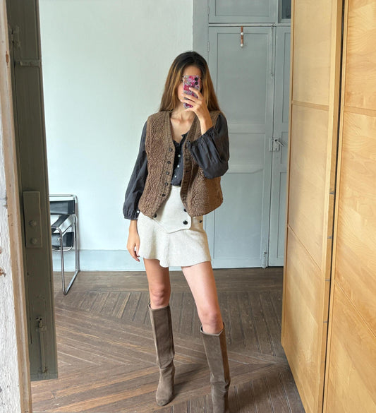 Vintage brown wool waistcoat, Lammy gilet, Brown cozy winter wear, Sleeveless checkered vest, Double sided european jacket, L