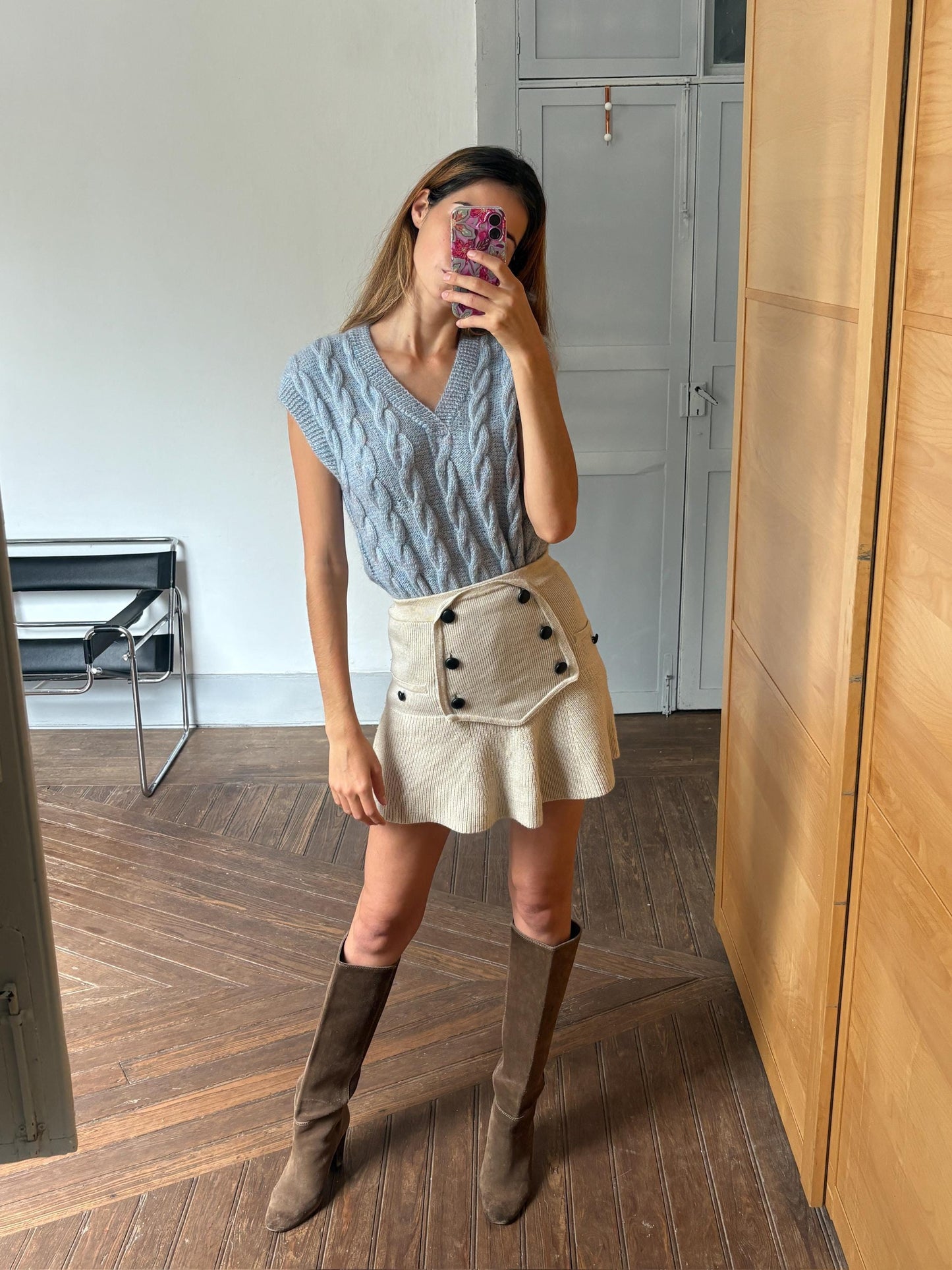 Vintage blue hand knit waistcoat, Light academia winter knitwear