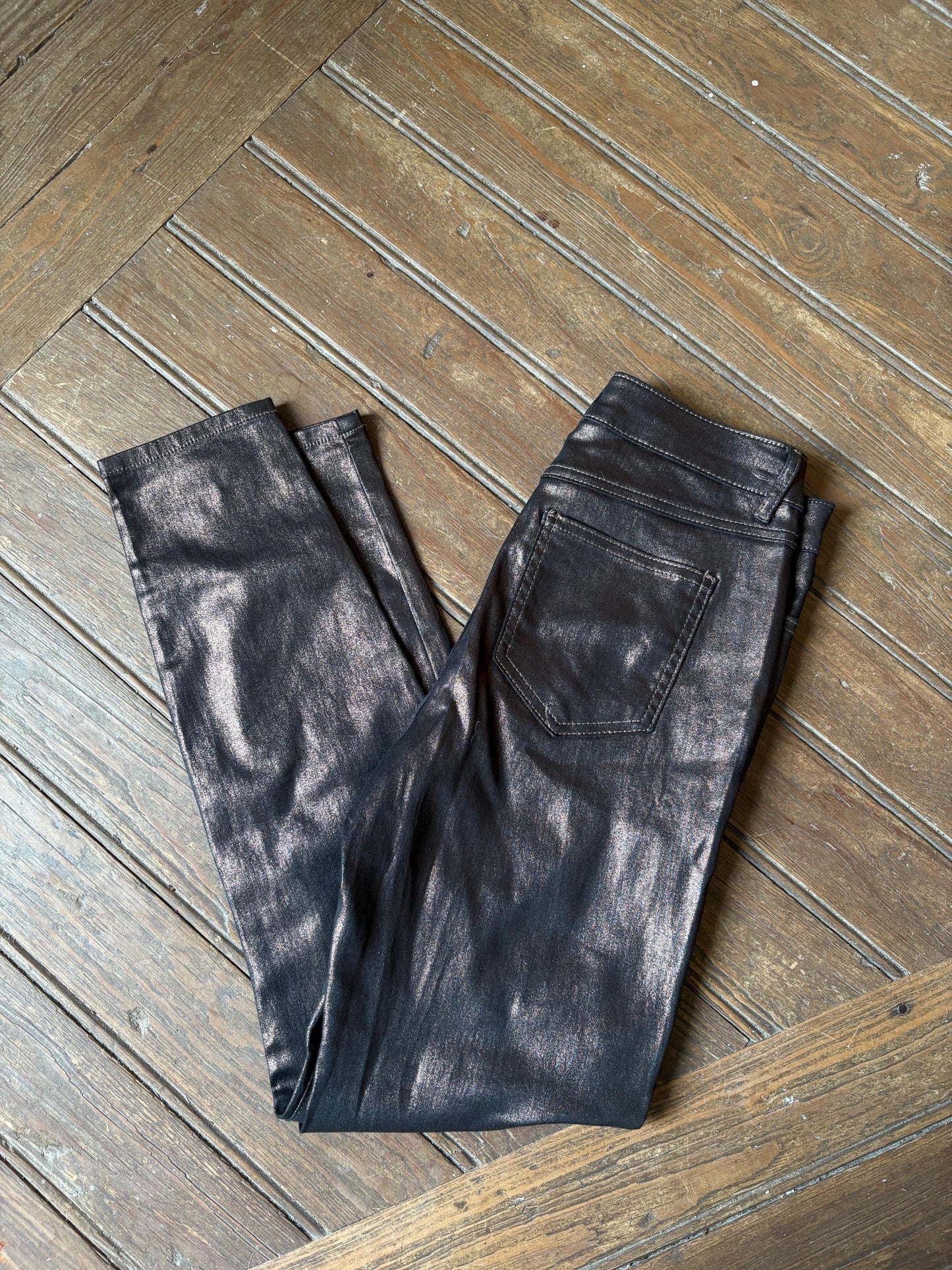 Metallic black skinny pants, Vintage Vila garment coated pants, Festive glitter trousers, M