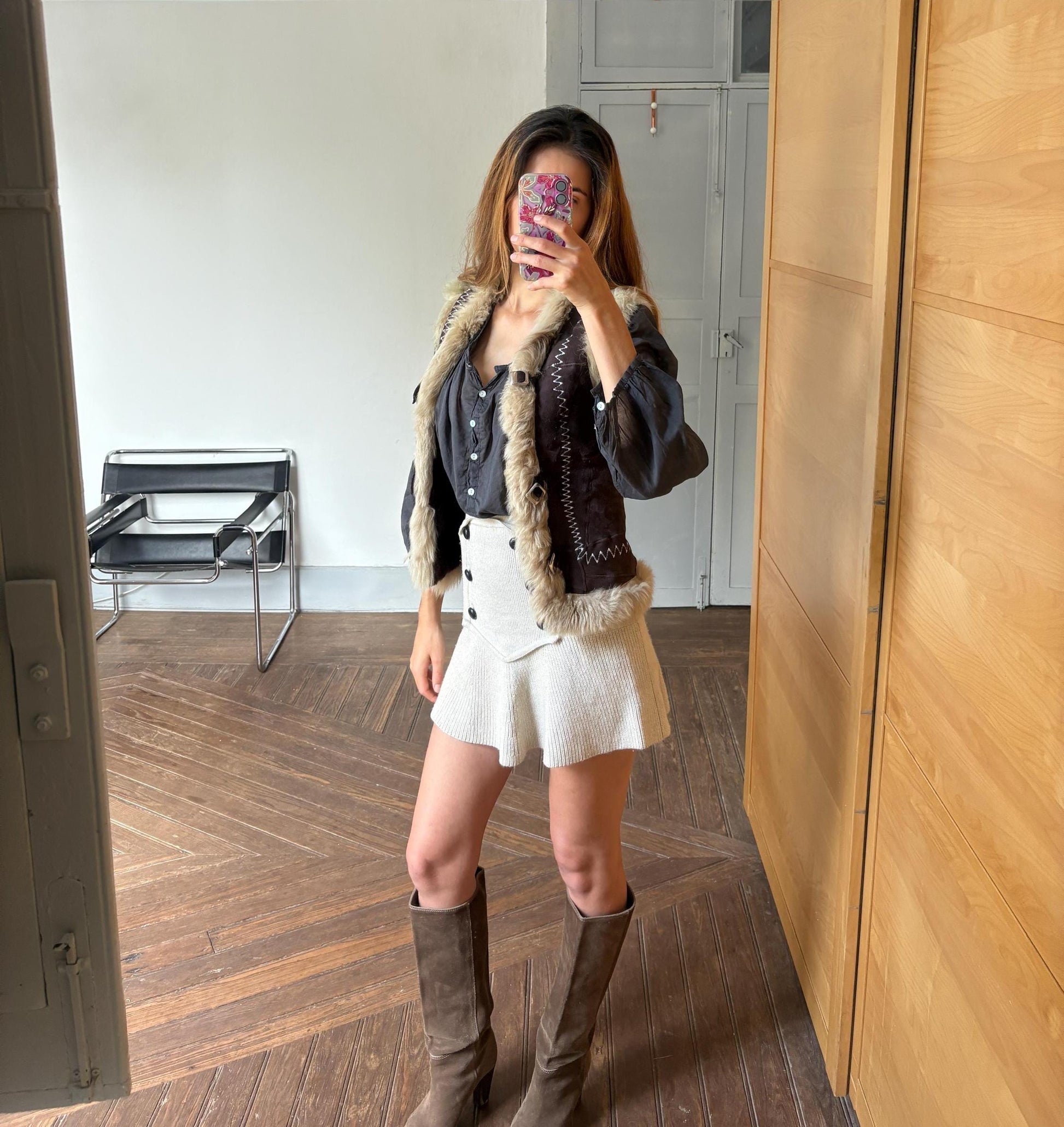 Vintage wool leather lammy vest, Sleeveless genuine leather 70s gilet, Sheep hide winter waistcoat, Sheephide cardigan