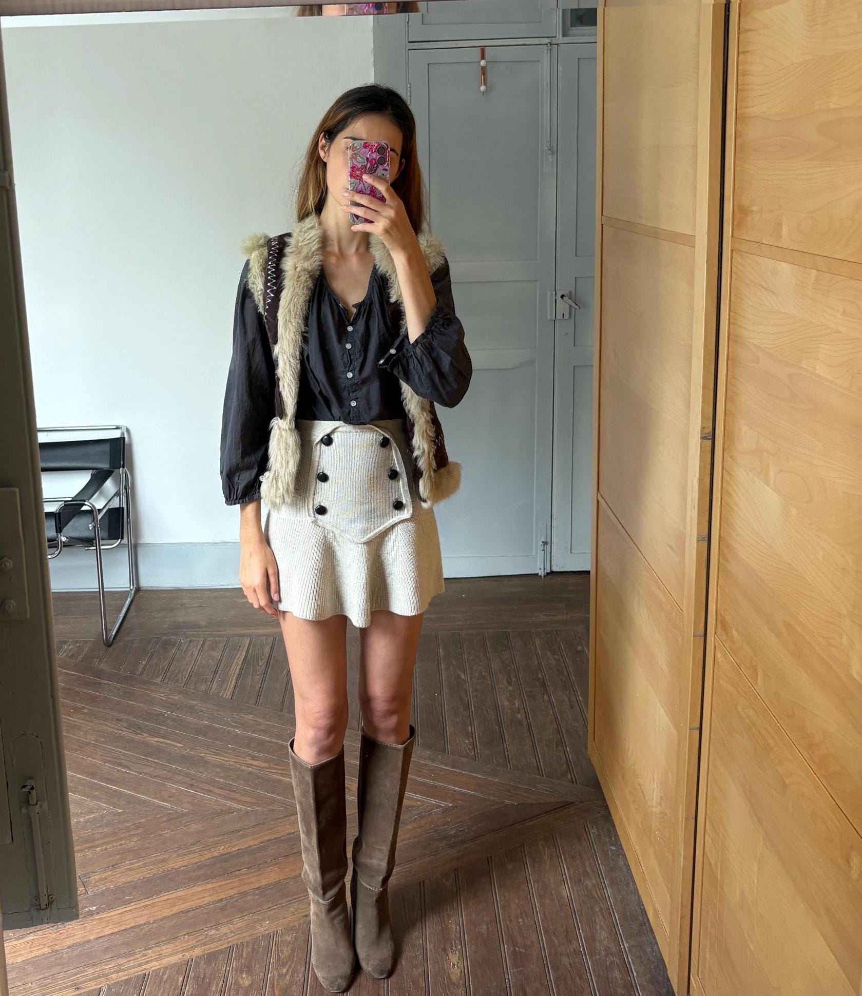 Vintage wool leather lammy vest, Sleeveless genuine leather 70s gilet, Sheep hide winter waistcoat, Sheephide cardigan