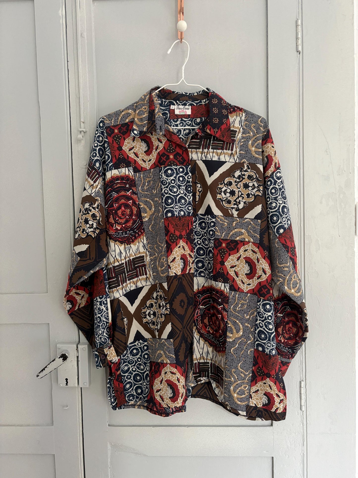 Vintage abstract pattern woman blouse, Colourful Button up retro shirt, 80s vintage clothing