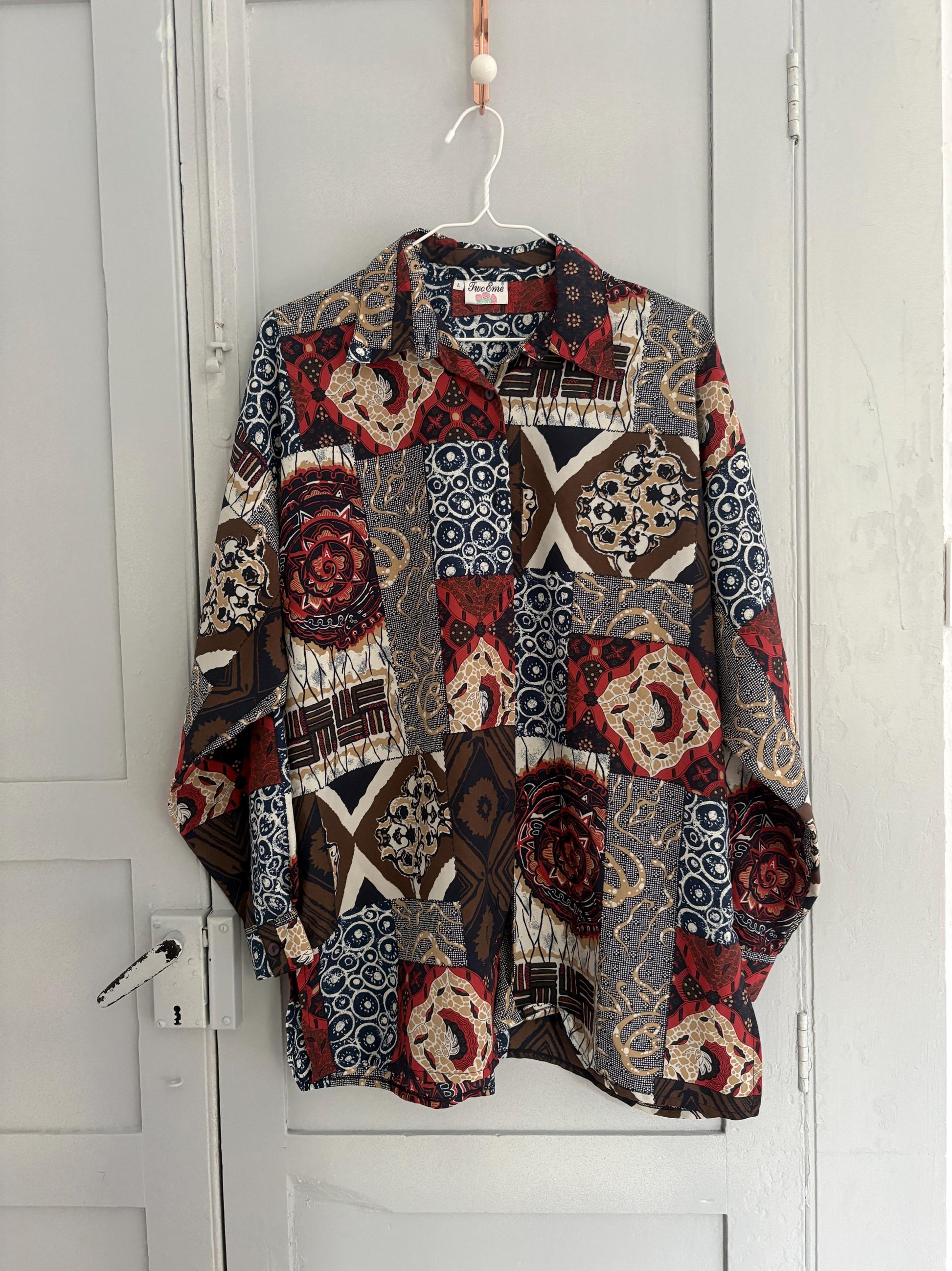 Vintage abstract pattern woman blouse, Colourful Button up retro shirt, 80s vintage clothing