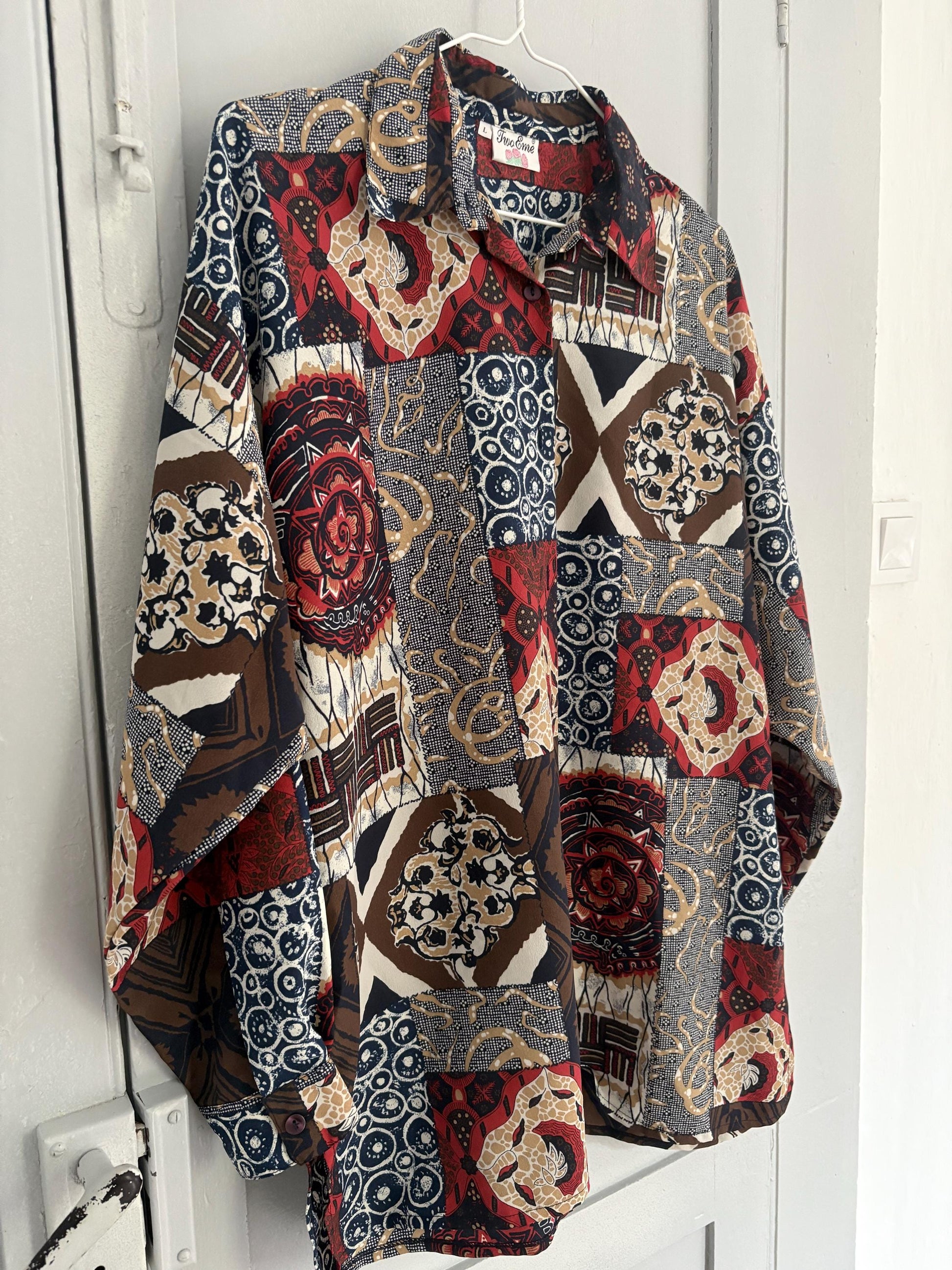 Vintage abstract pattern woman blouse, Colourful Button up retro shirt, 80s vintage clothing