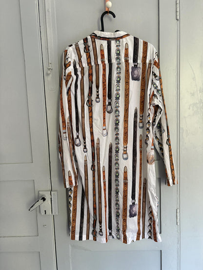 Vintage Belt Print Dress with Mother of Pearl Buttons — fabric close-up