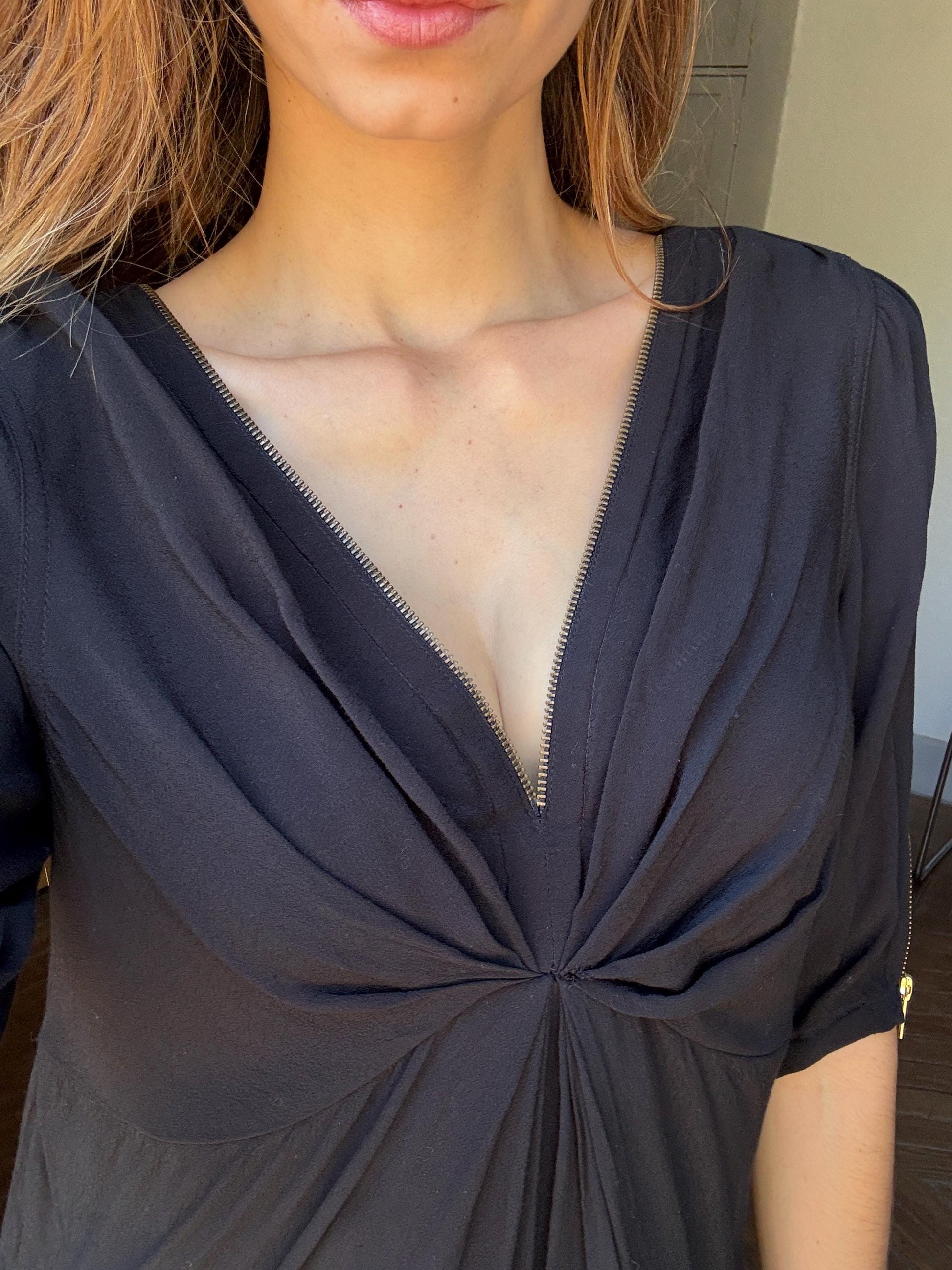 Vintage Maison Scotch black dress, Sexy zipper v neck Basic casual loose fit dress, Lightweight summer dress