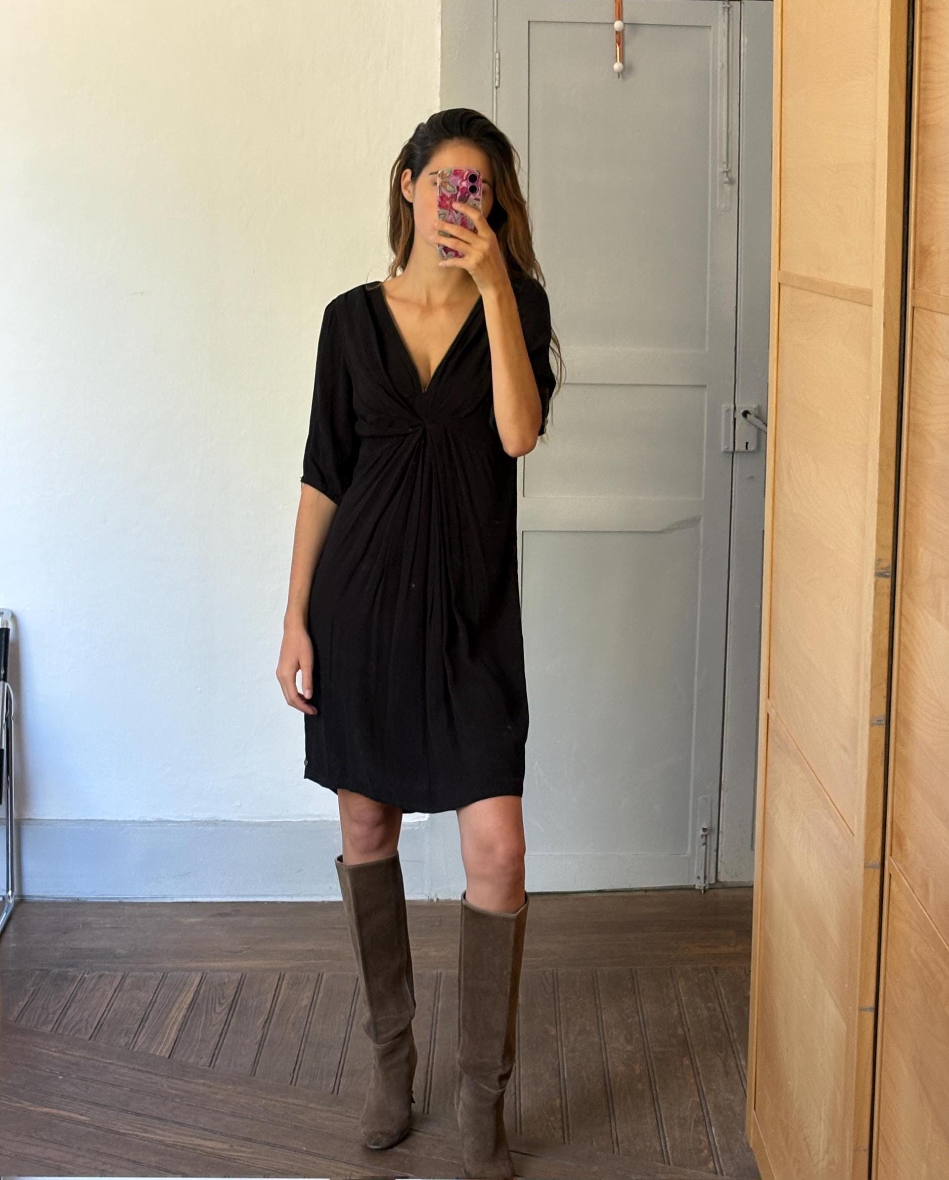Vintage Maison Scotch black dress, Sexy zipper v neck Basic casual loose fit dress, Lightweight summer dress