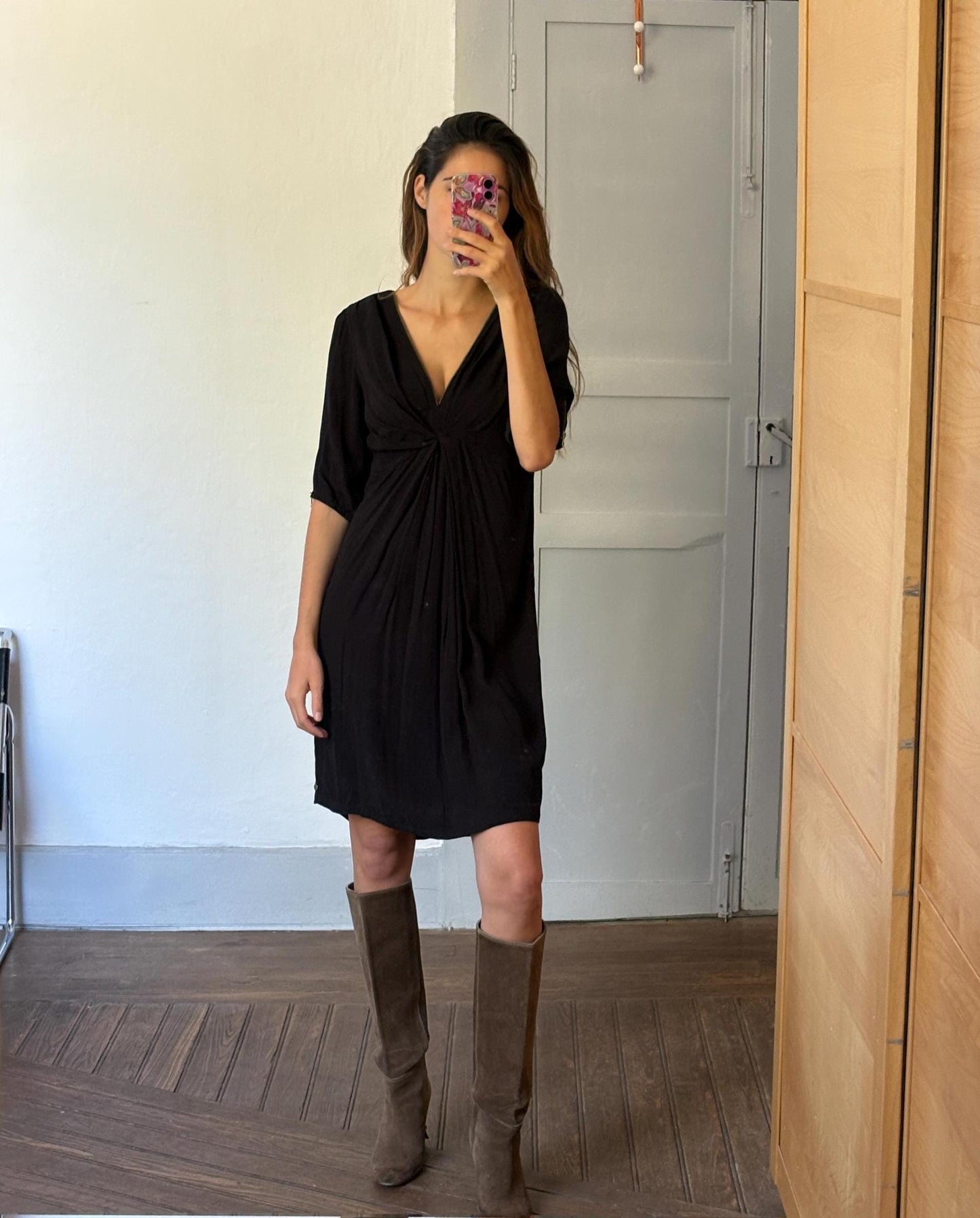 Vintage Maison Scotch black dress, Sexy zipper v neck Basic casual loose fit dress, Lightweight summer dress