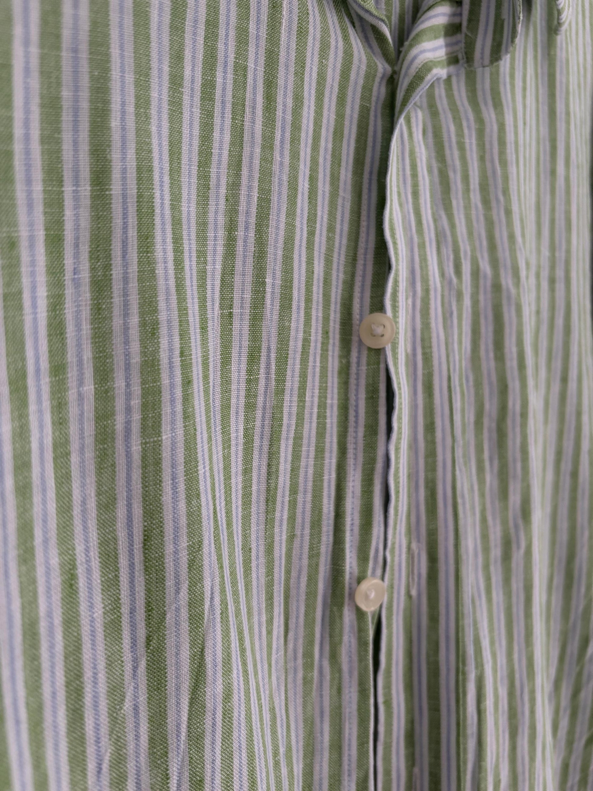 Pure fresh linen vintage green striped shirt, Lightweight quality summer Button-Down Shirt - Oversized wrap top