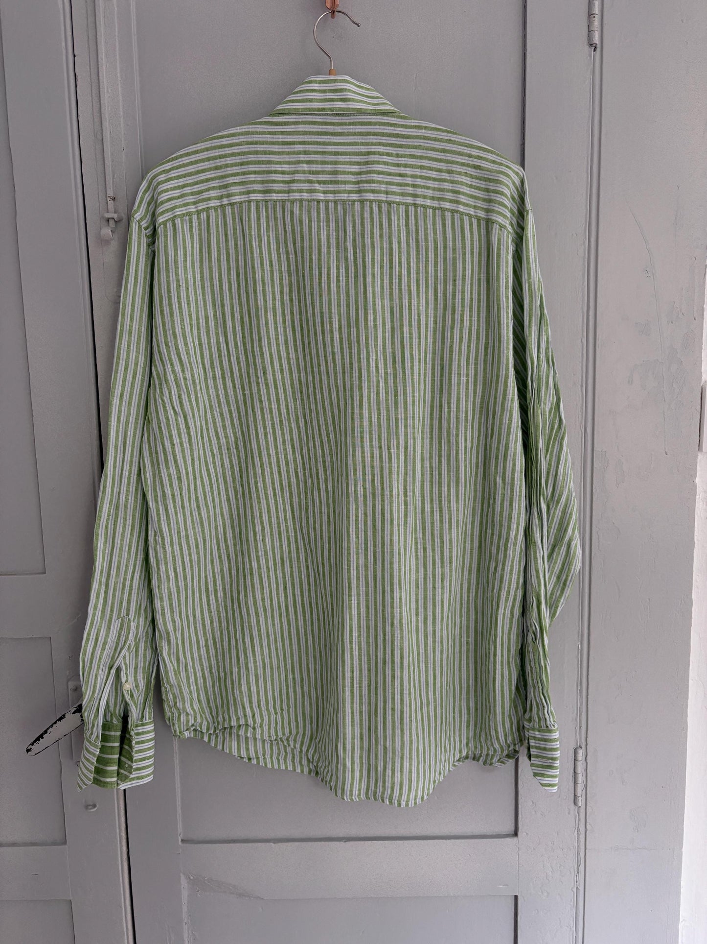 Pure fresh linen vintage green striped shirt, Lightweight quality summer Button-Down Shirt - Oversized wrap top
