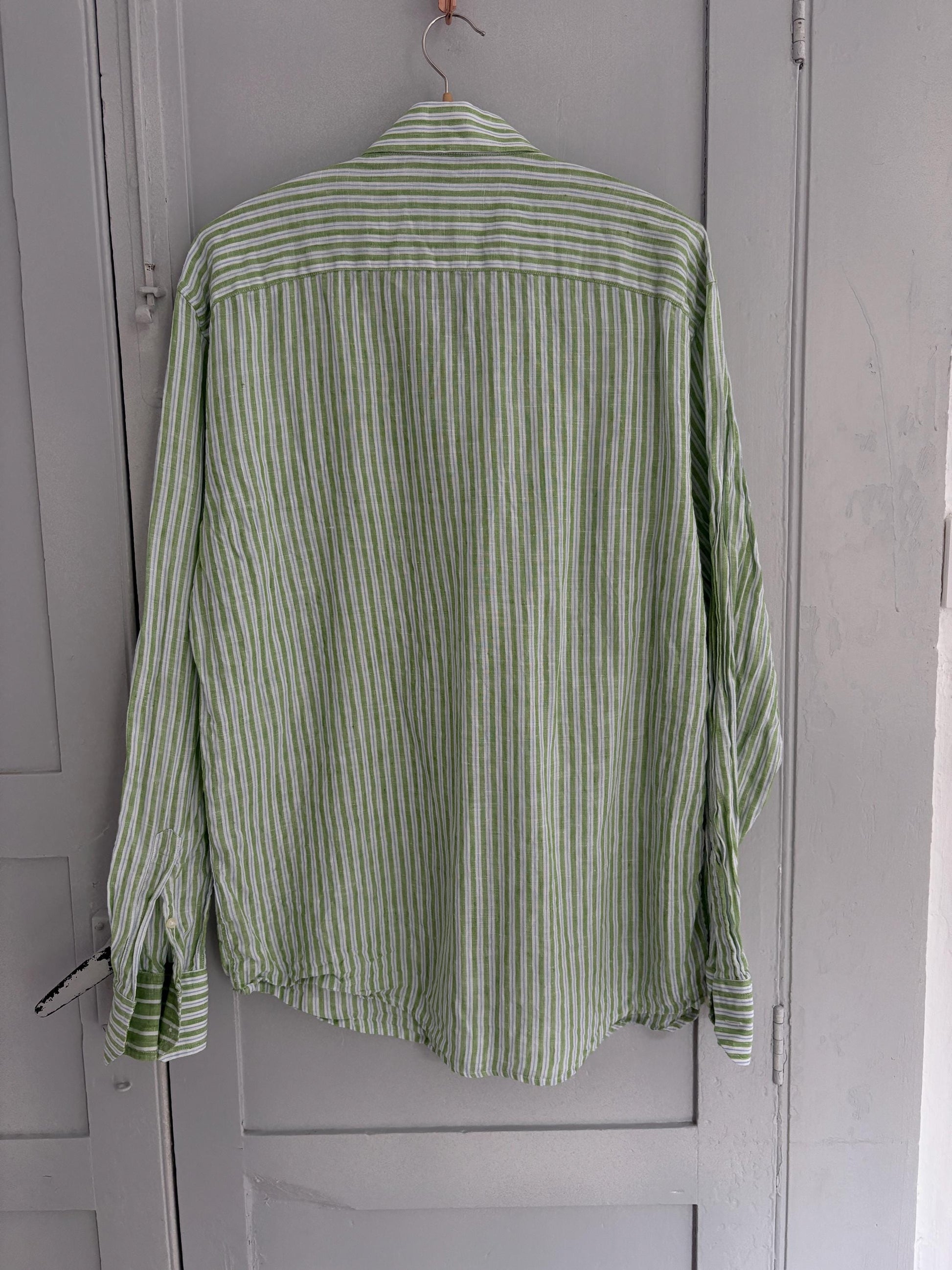 Pure fresh linen vintage green striped shirt, Lightweight quality summer Button-Down Shirt - Oversized wrap top