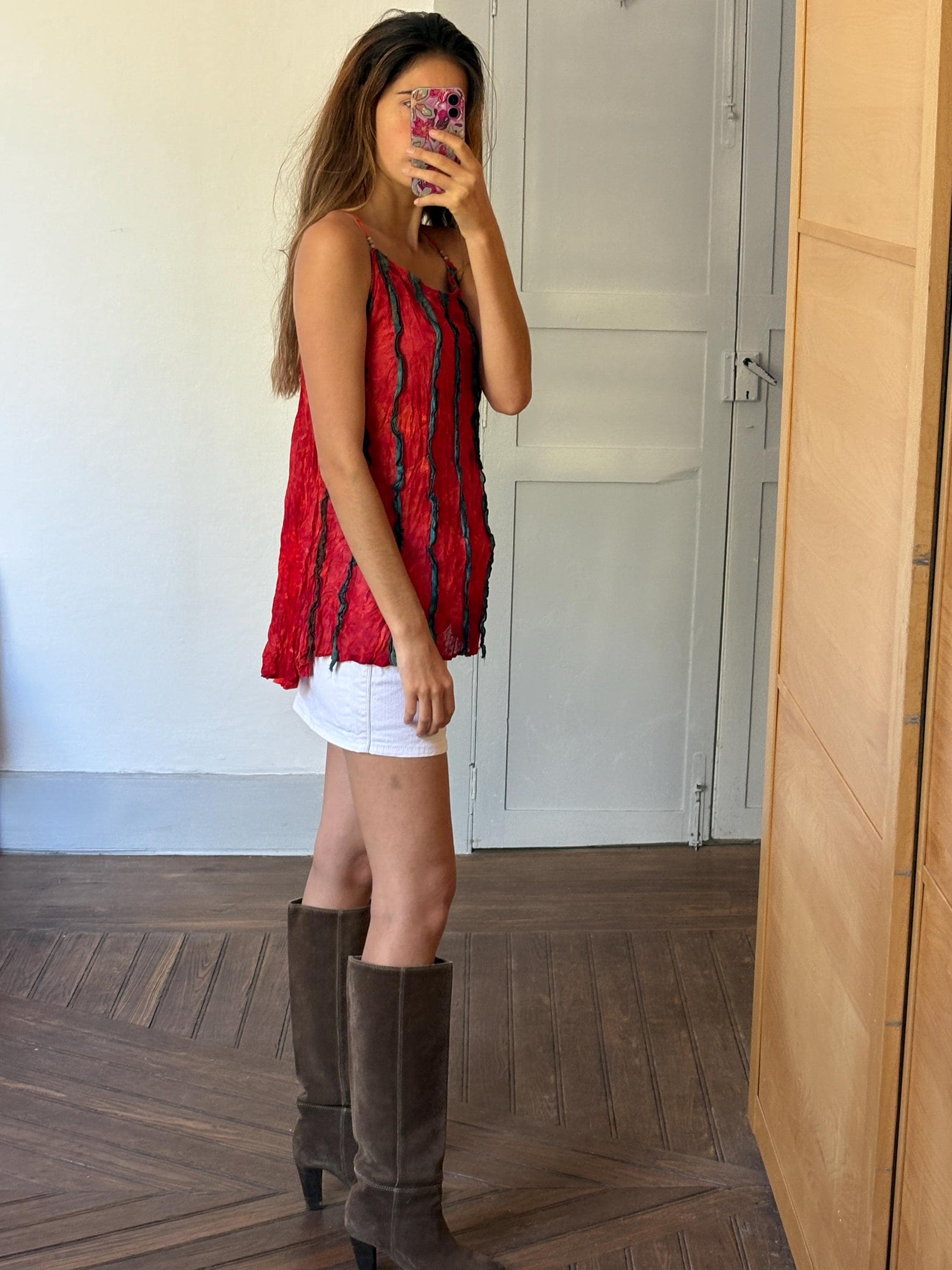 Red vintage camisole with knotted shoulder straps