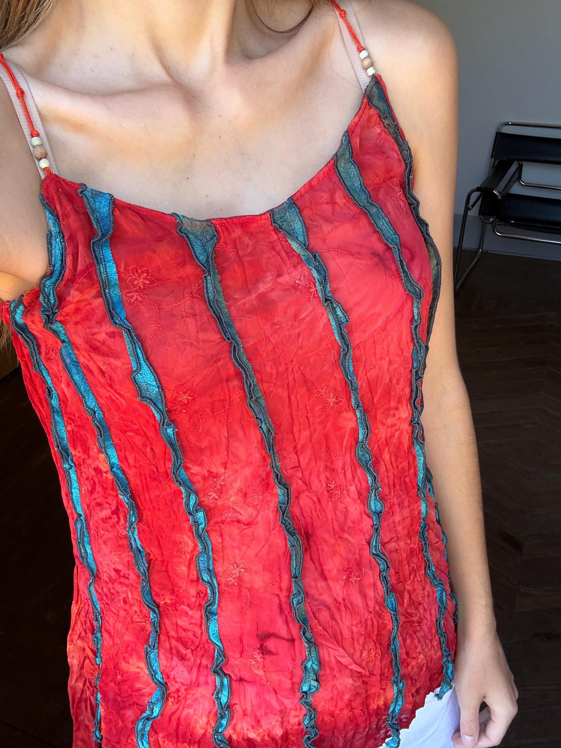 Red vintage camisole with knotted shoulder straps, Retro Unique vintage summer camisole