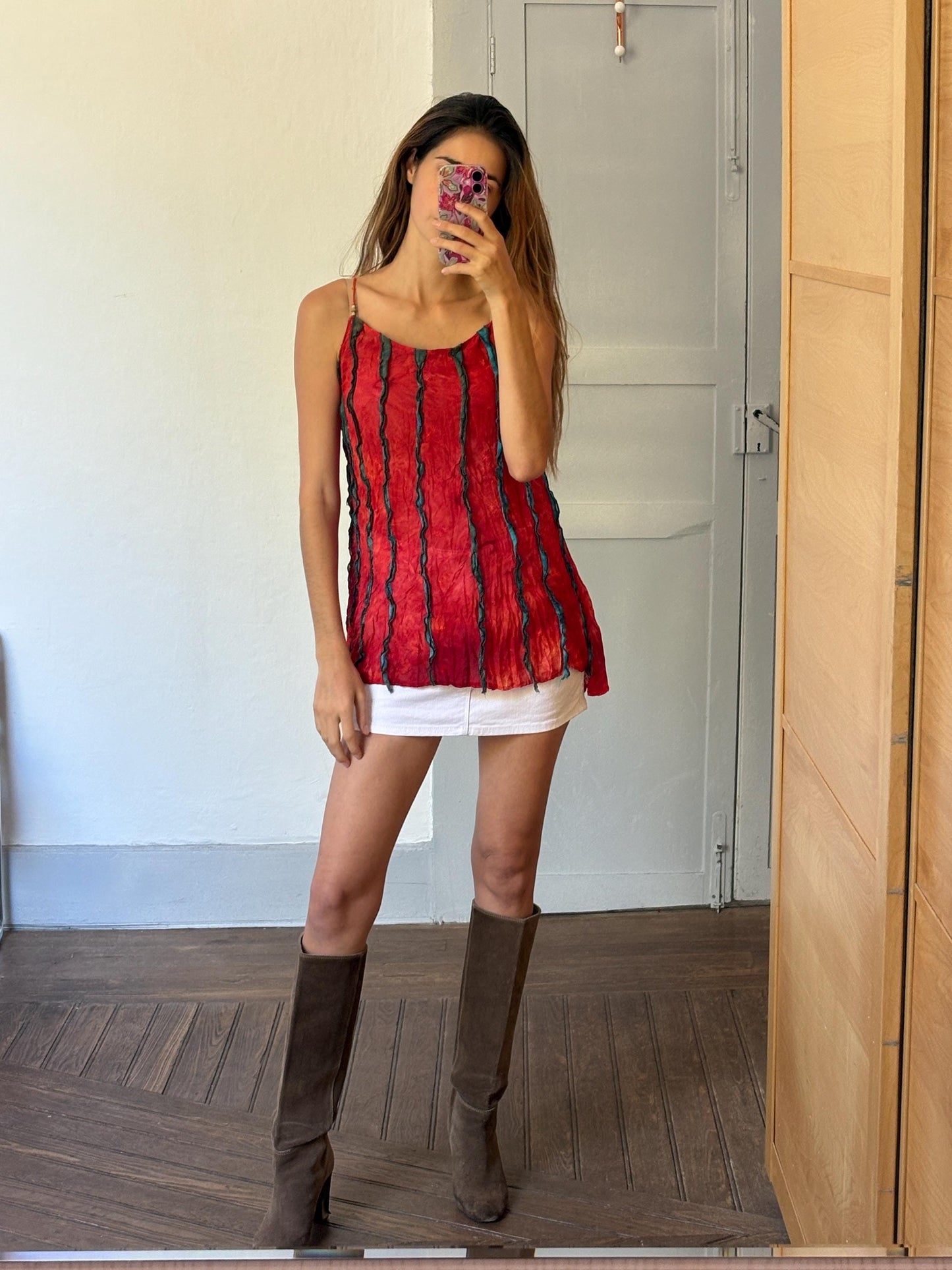 Red vintage camisole with knotted shoulder straps