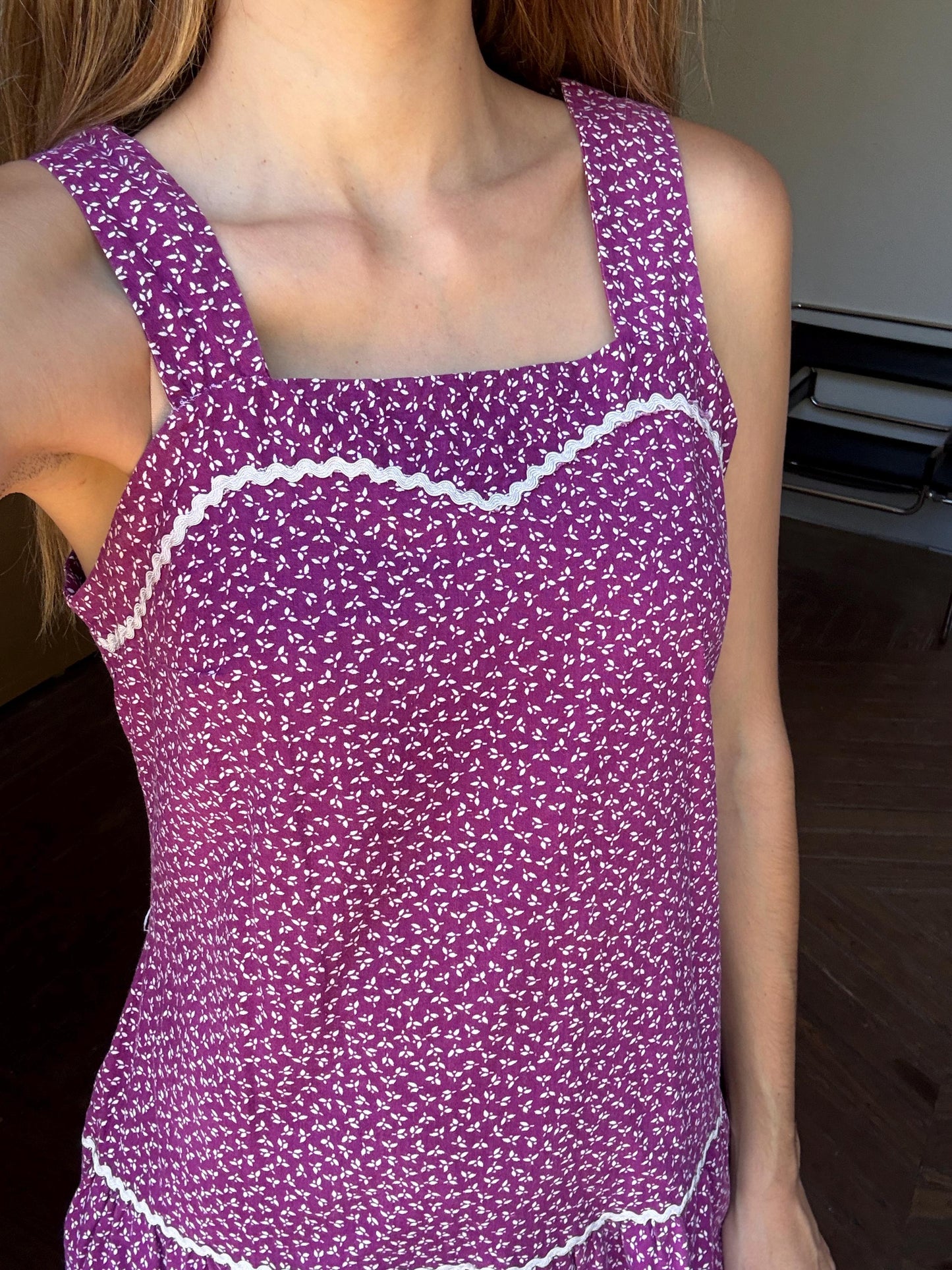 Vintage purple woman dress, Handmade floral midi dress
