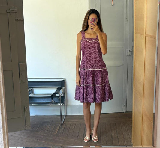 Vintage purple Cottage core woman dress, Handmade floral midi dress, knee length romantic picnic dress with flowers