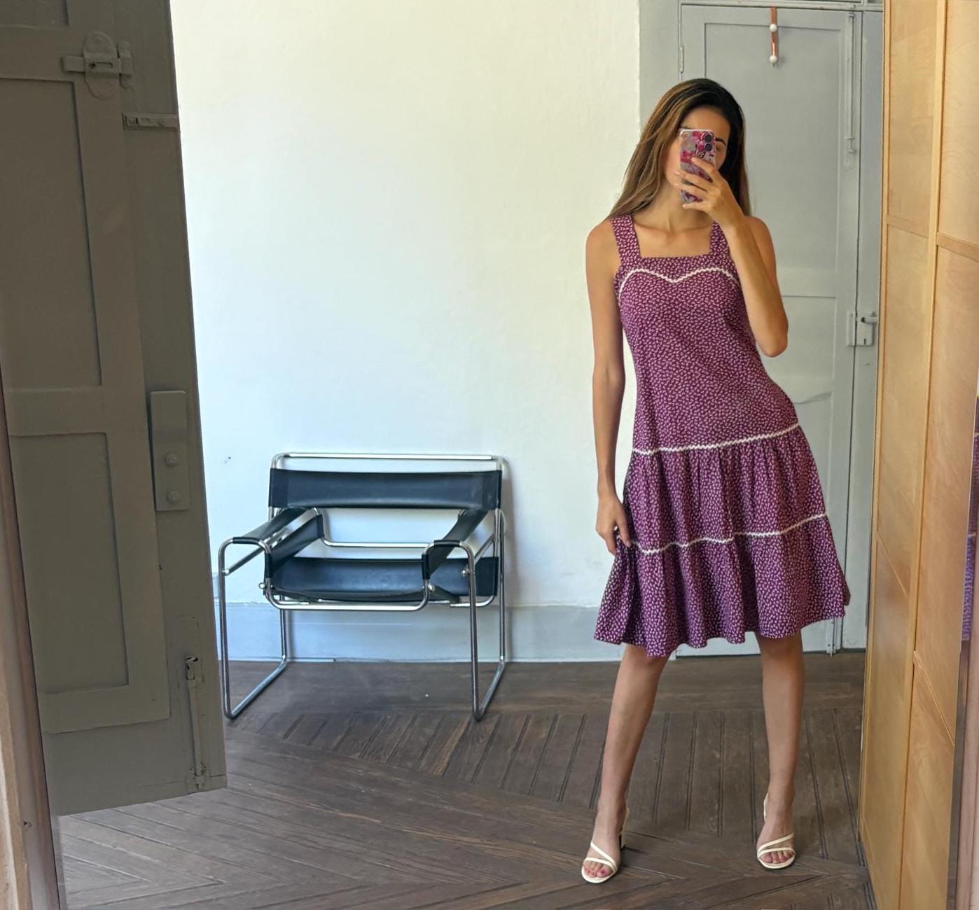 Vintage purple woman dress, Handmade floral midi dress