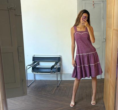 Vintage purple woman dress, Handmade floral midi dress
