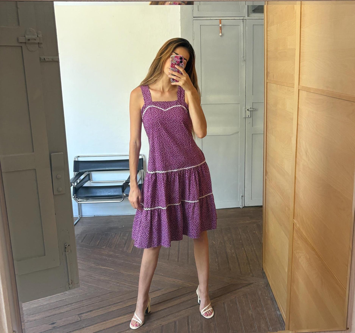 Vintage purple woman dress, Handmade floral midi dress