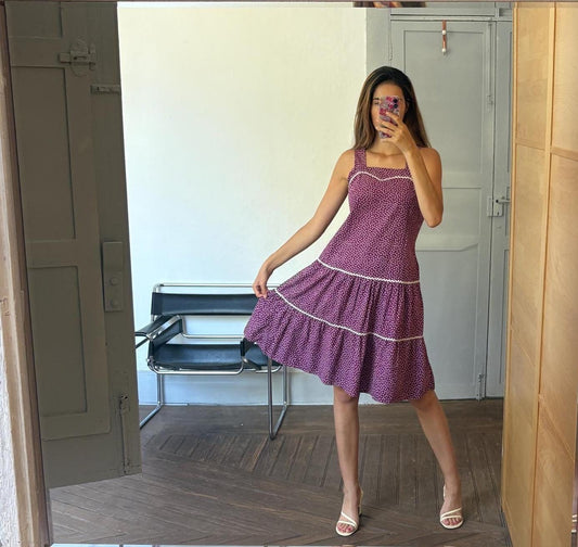 Vintage purple Cottage core woman dress, Handmade floral midi dress, knee length romantic picnic dress with flowers