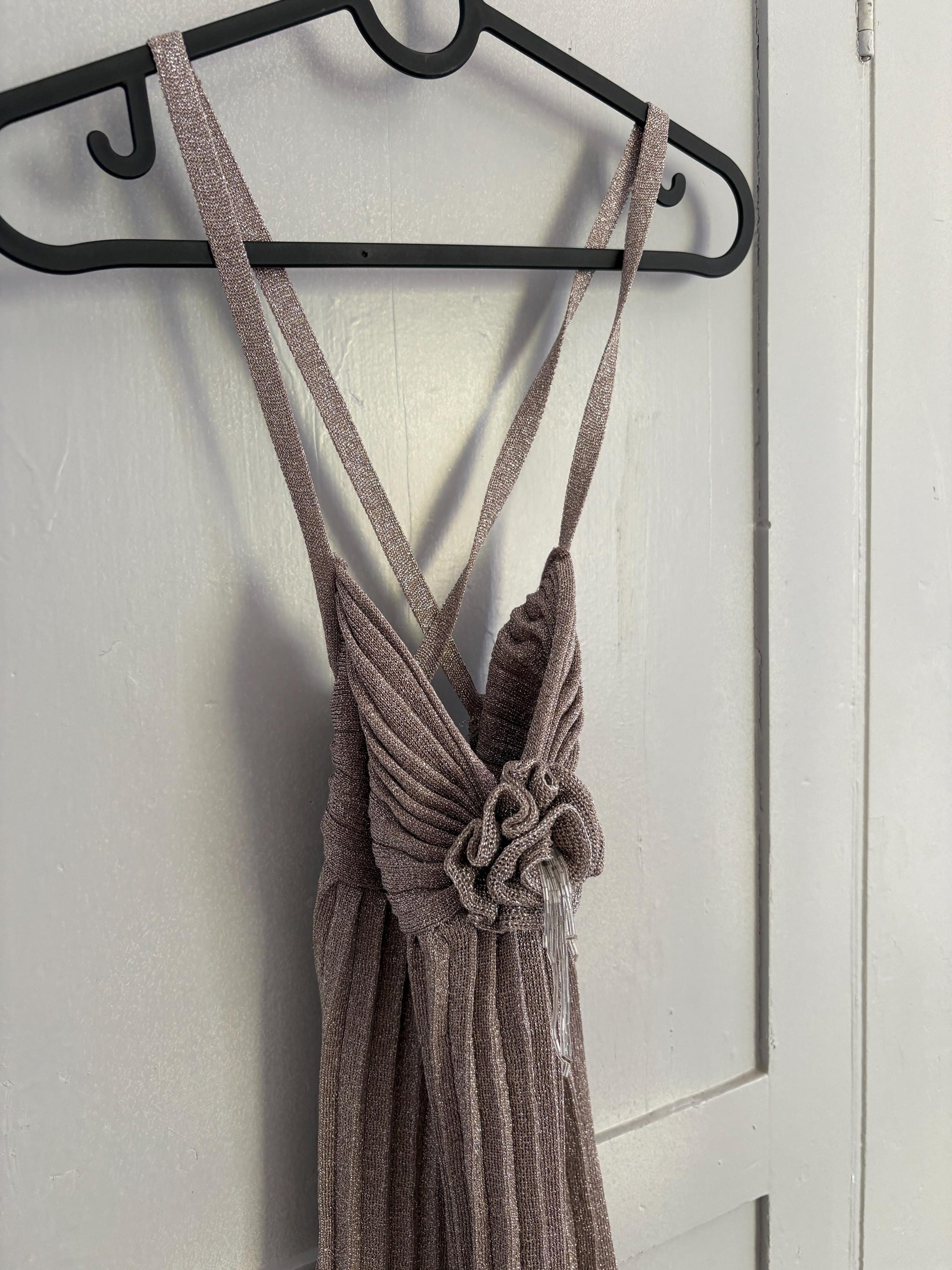 Festive silver glitter dress, Vintage lycra sparkly new year's eve / christmas dress. Special event woman dress with fabric rose