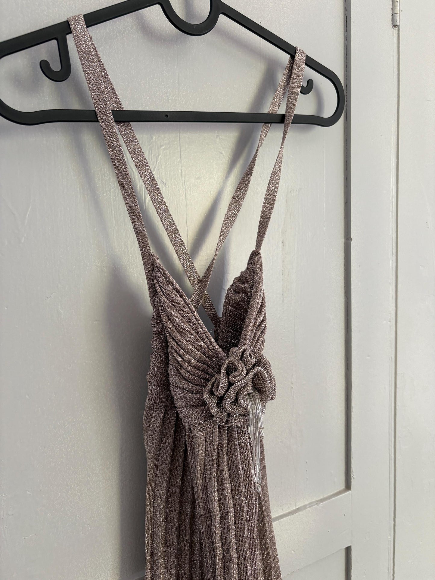 Festive silver glitter dress, Vintage lycra sparkly new year's eve / christmas dress. Special event woman dress with fabric rose