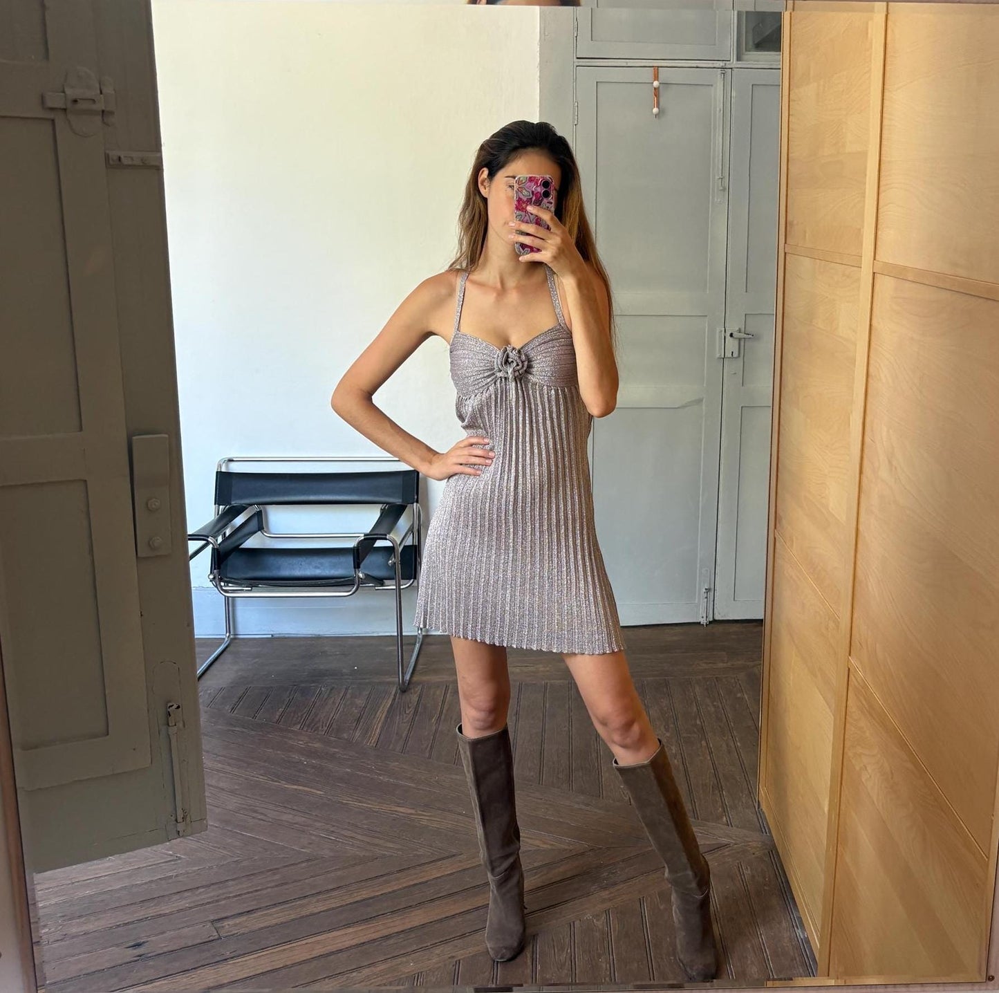 Festive silver glitter dress, Vintage lycra sparkly new year's eve / christmas dress. Special event woman dress with fabric rose