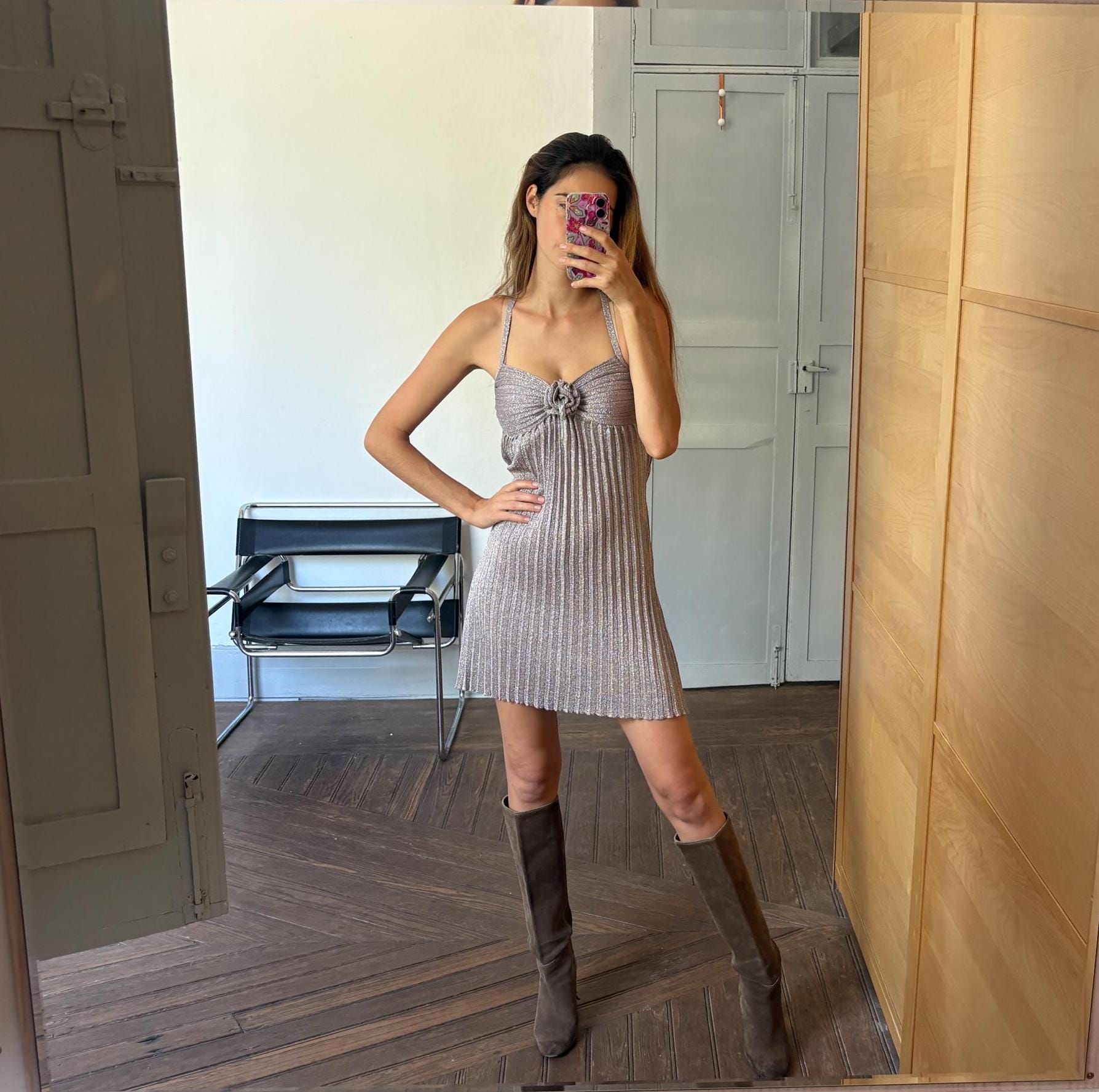 Festive silver glitter dress, Vintage lycra sparkly new year's eve / christmas dress. Special event woman dress with fabric rose