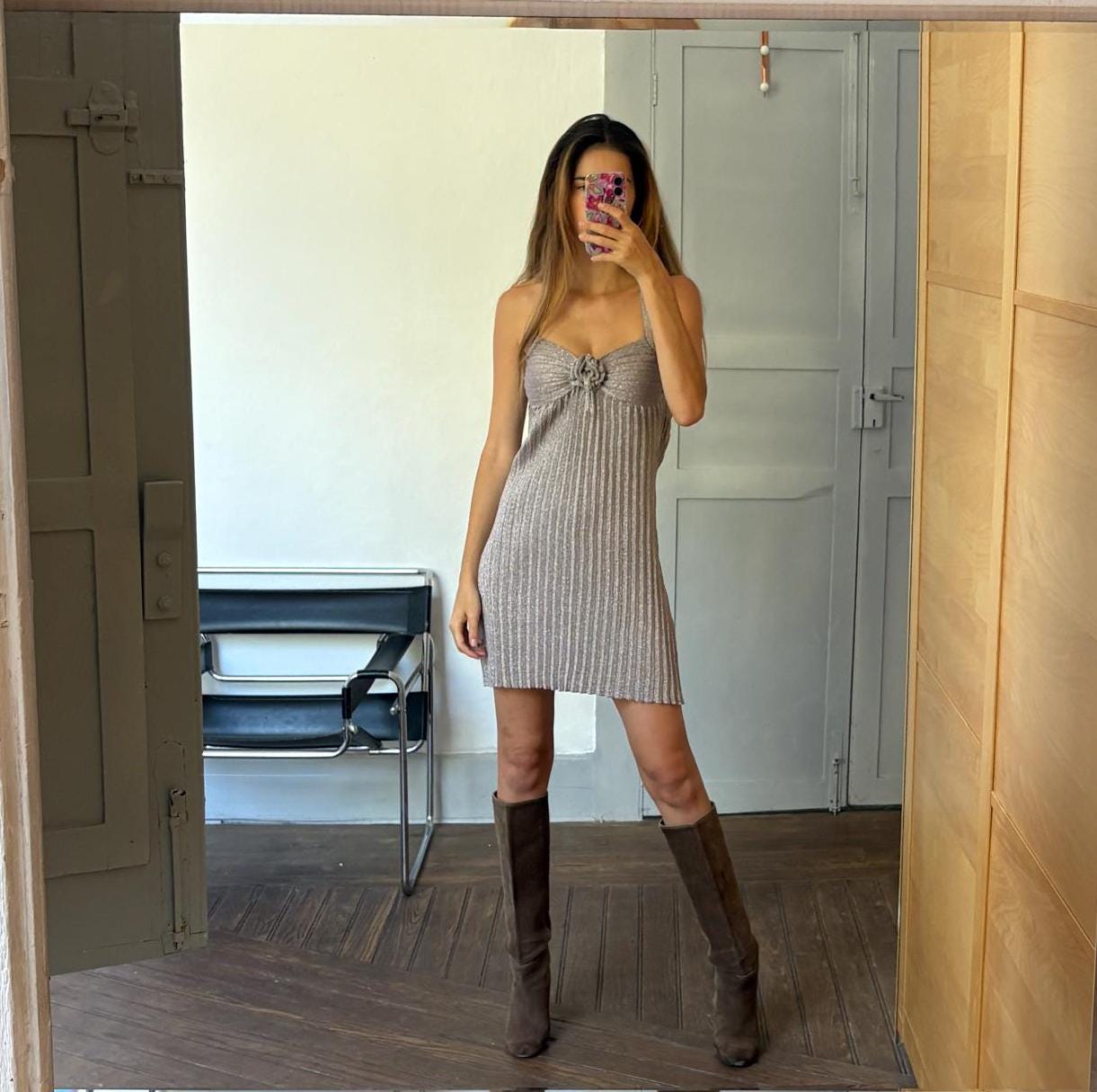 Festive silver glitter dress, Vintage lycra sparkly new year's eve / christmas dress. Special event woman dress with fabric rose