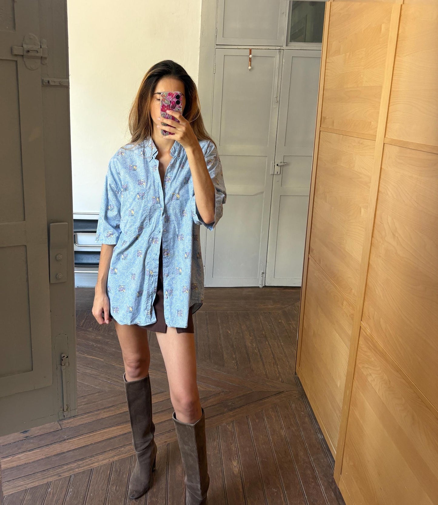 Vintage Blue Floral Oversized Blouse — fabric close-up