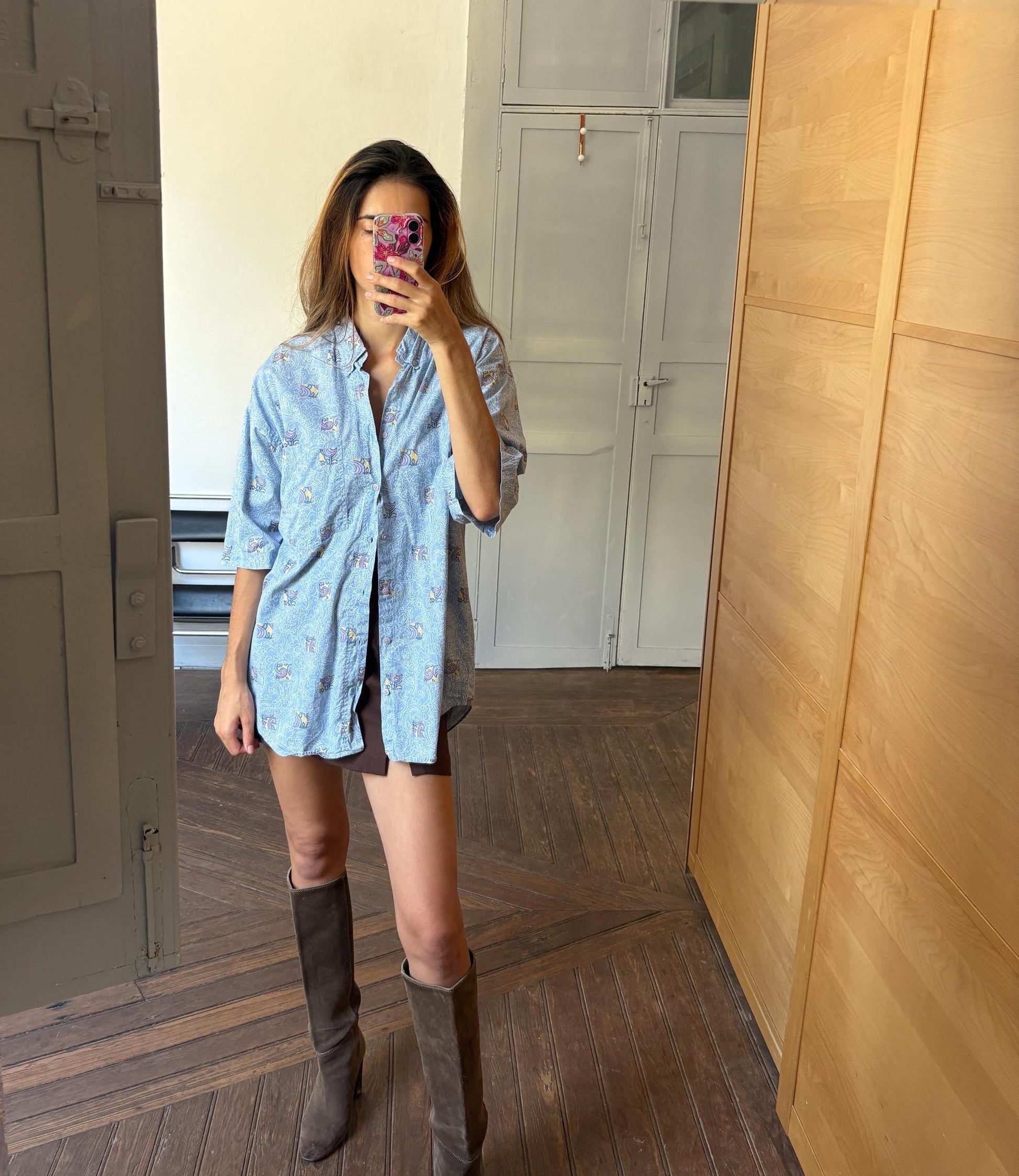 Vintage Blue Floral Oversized Blouse — fabric close-up