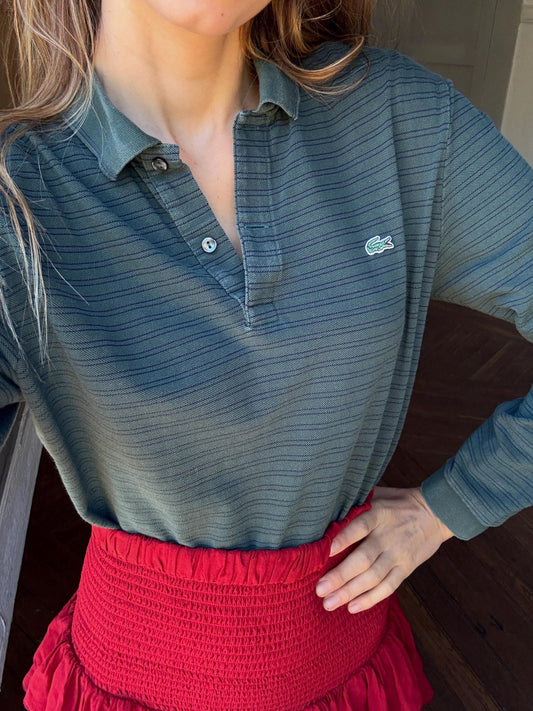 Vintage dark green Lacoste polo shirt, Striped designer sweatshirt, Branded cotton dark green long sleeve jumper, Regular fit, M