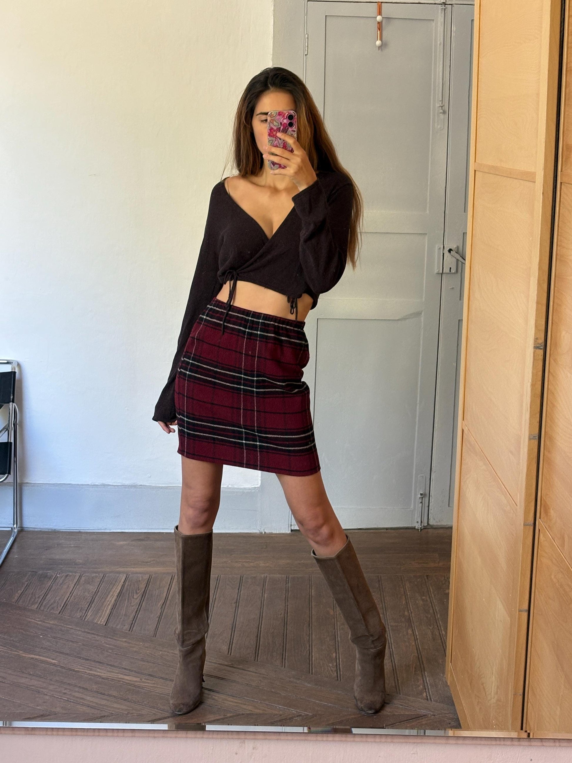 Vintage red Pleated Plaid pencil Skirt, High Waisted red tartan Midi Skirt, Retro Classic, S