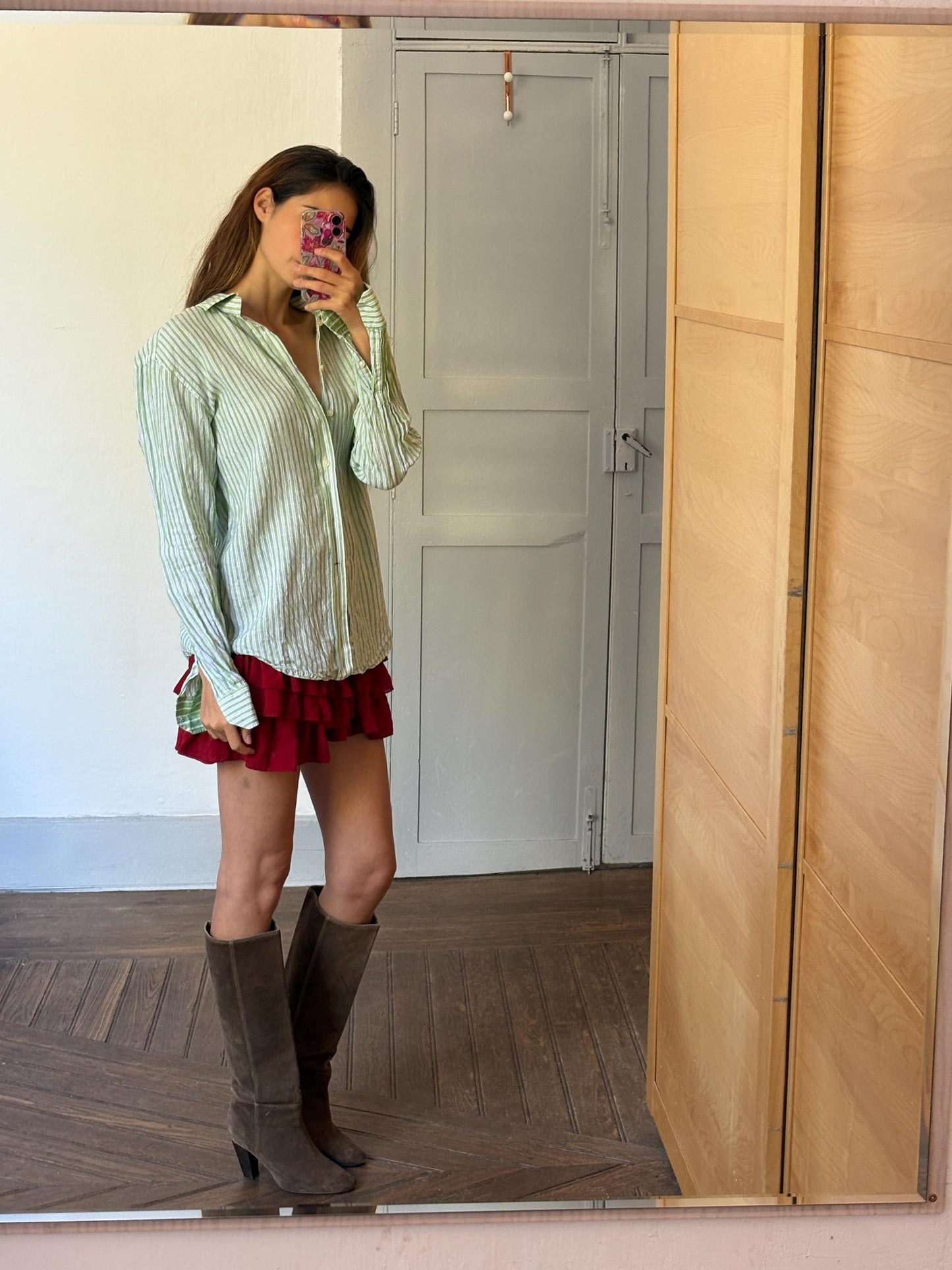 Pure fresh linen vintage green striped shirt, Lightweight quality summer Button-Down Shirt - Oversized wrap top