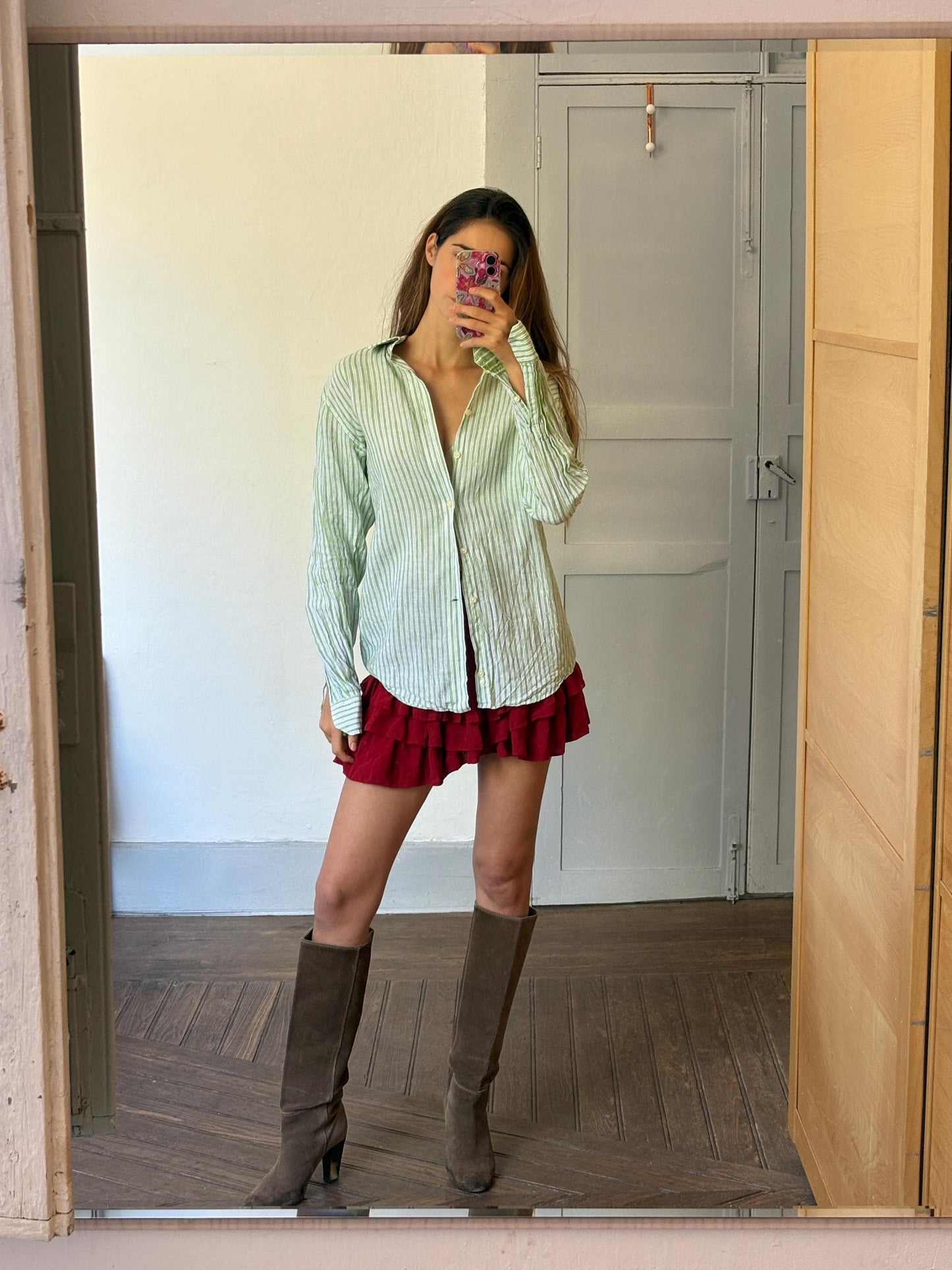 Pure fresh linen vintage green striped shirt, Lightweight quality summer Button-Down Shirt - Oversized wrap top