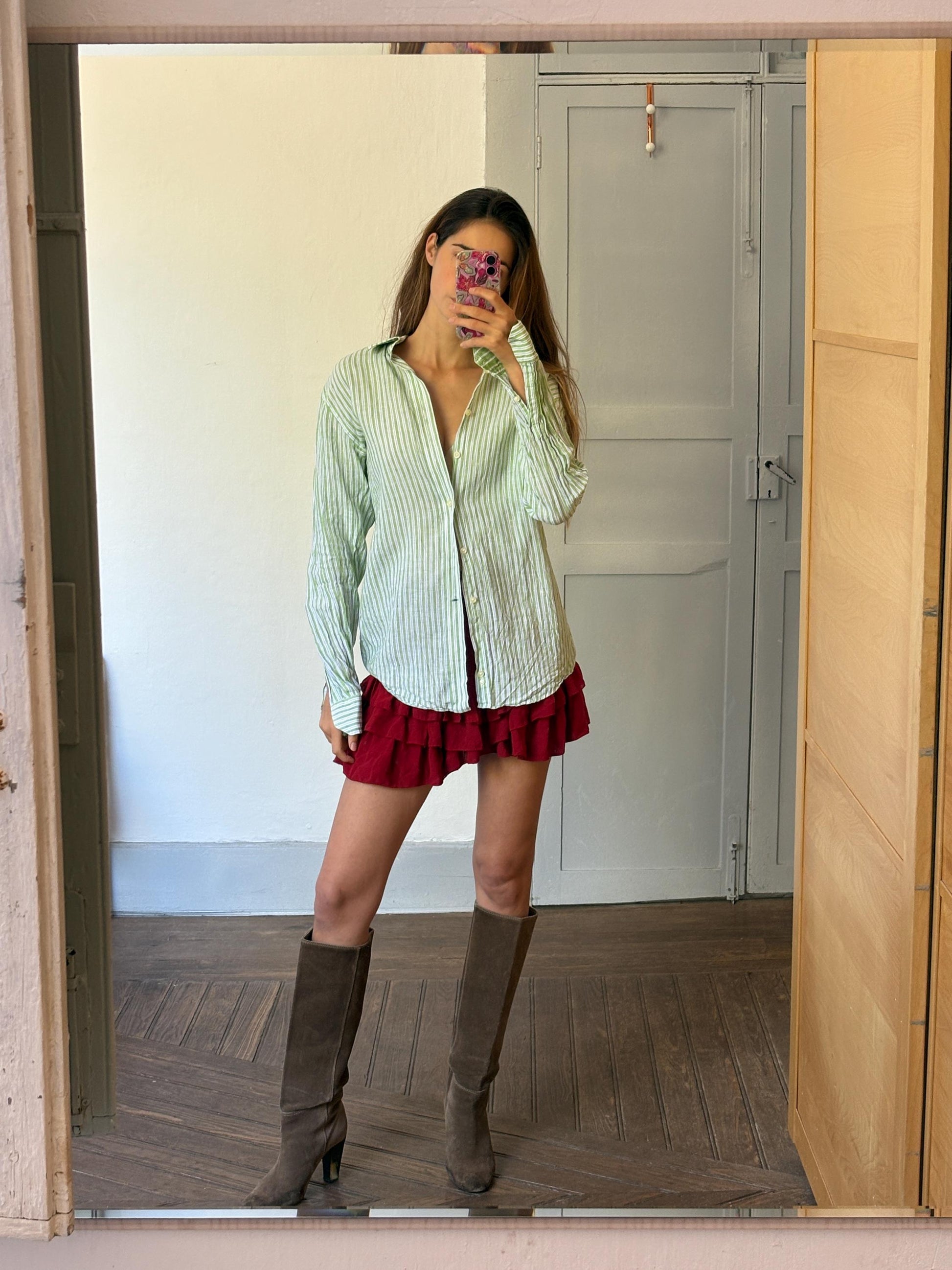 Pure fresh linen vintage green striped shirt, Lightweight quality summer Button-Down Shirt - Oversized wrap top