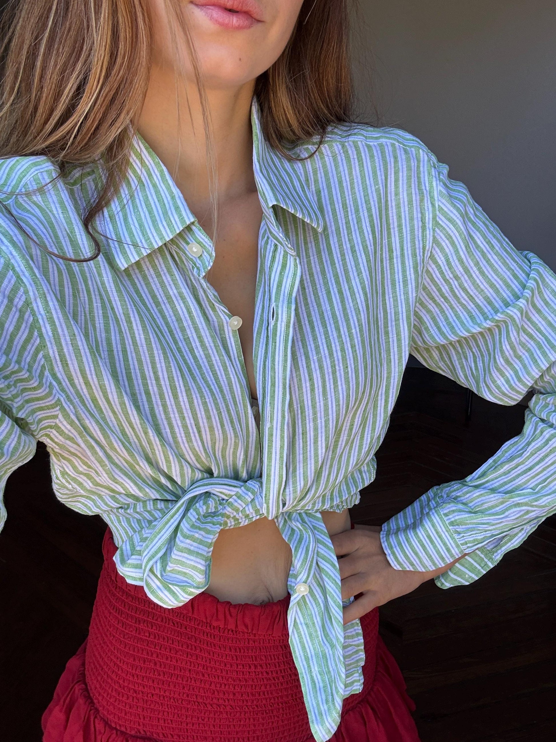 Pure fresh linen vintage green striped shirt, Lightweight quality summer Button-Down Shirt - Oversized wrap top