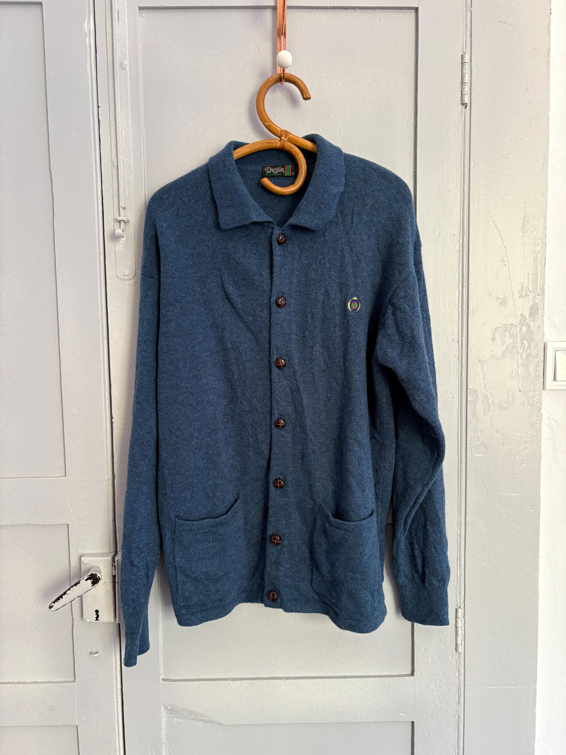 Wool vintage Luxe cardigan - Blue Long sleeved soft Men jumper, 42 - XL