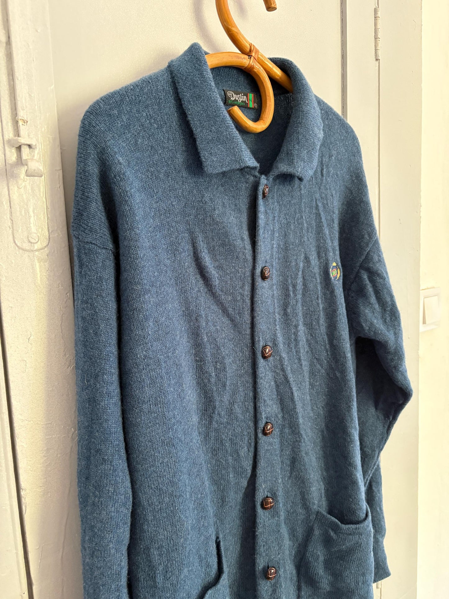 Pure new wool vintage Luxe cardigan - Blue Long sleeved soft Men jumper, Winter wool designer clothing, 42 - XL